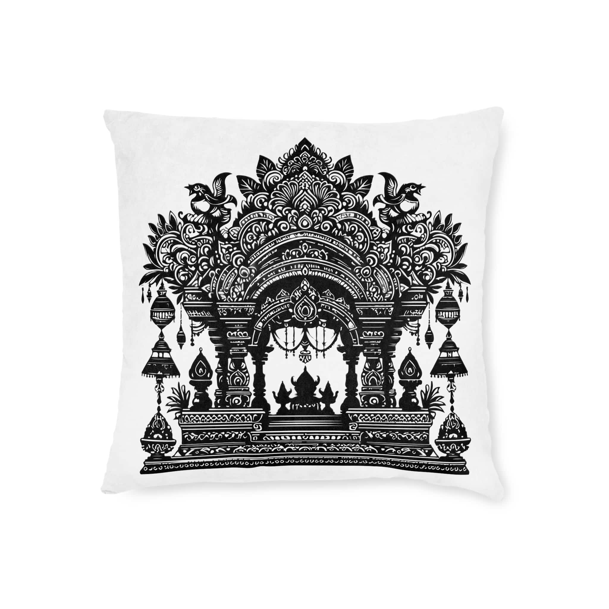 Intricate Puja Mandap Silhouettes Capturing Essence Festive Decor Black Colour Vactor (1) Square Pillow Pink Back - Image 5