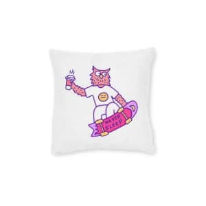 Cool Owl With Coffee Freestyle With Skateboard Illustration With Old Style 90s Cartoon Drawings Square Pillow Pink Back