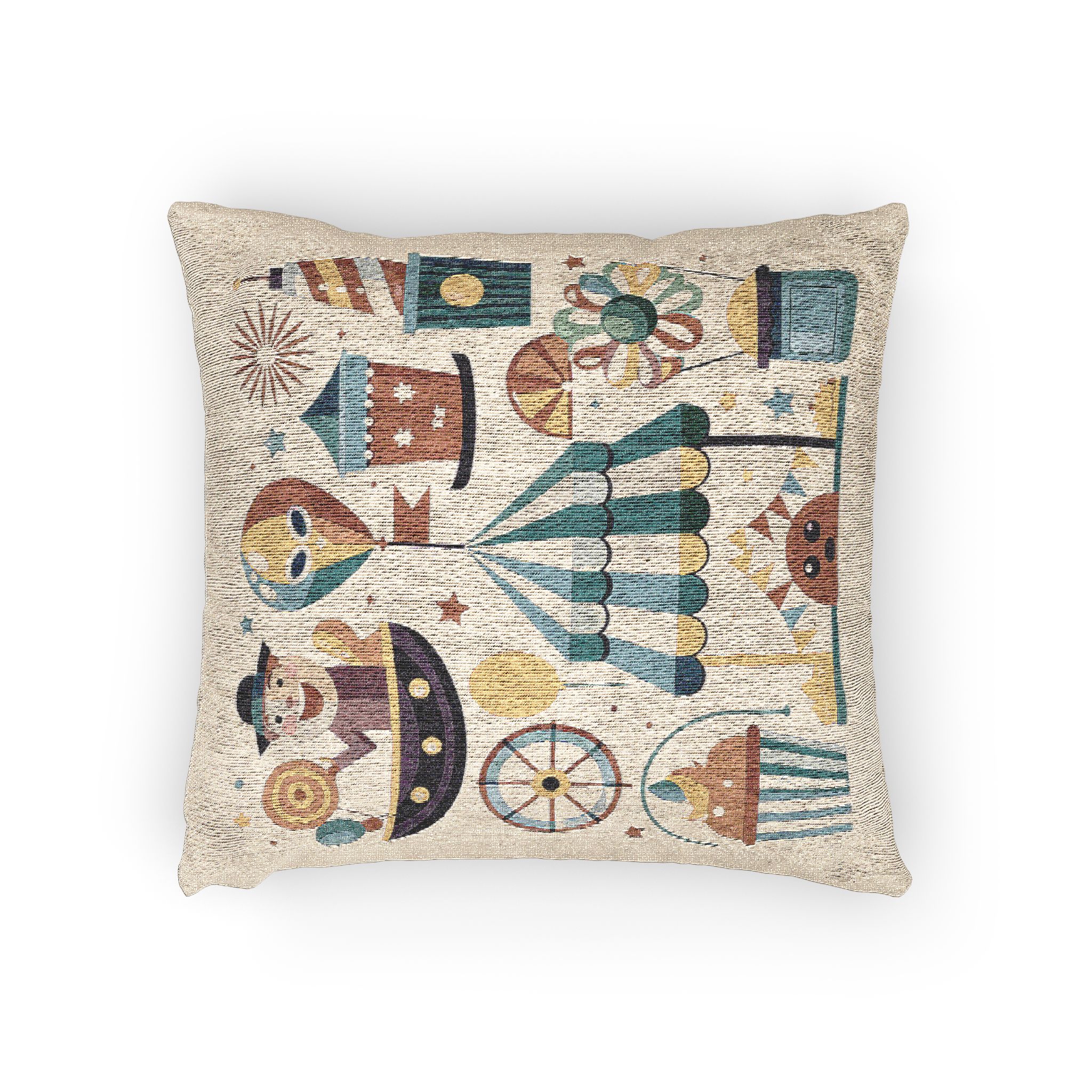Colorful Cartoon Illustration Various Carnival Circus Elements Including Clown Ferris Wheel Tent Bal Woven Pillow - Image 2