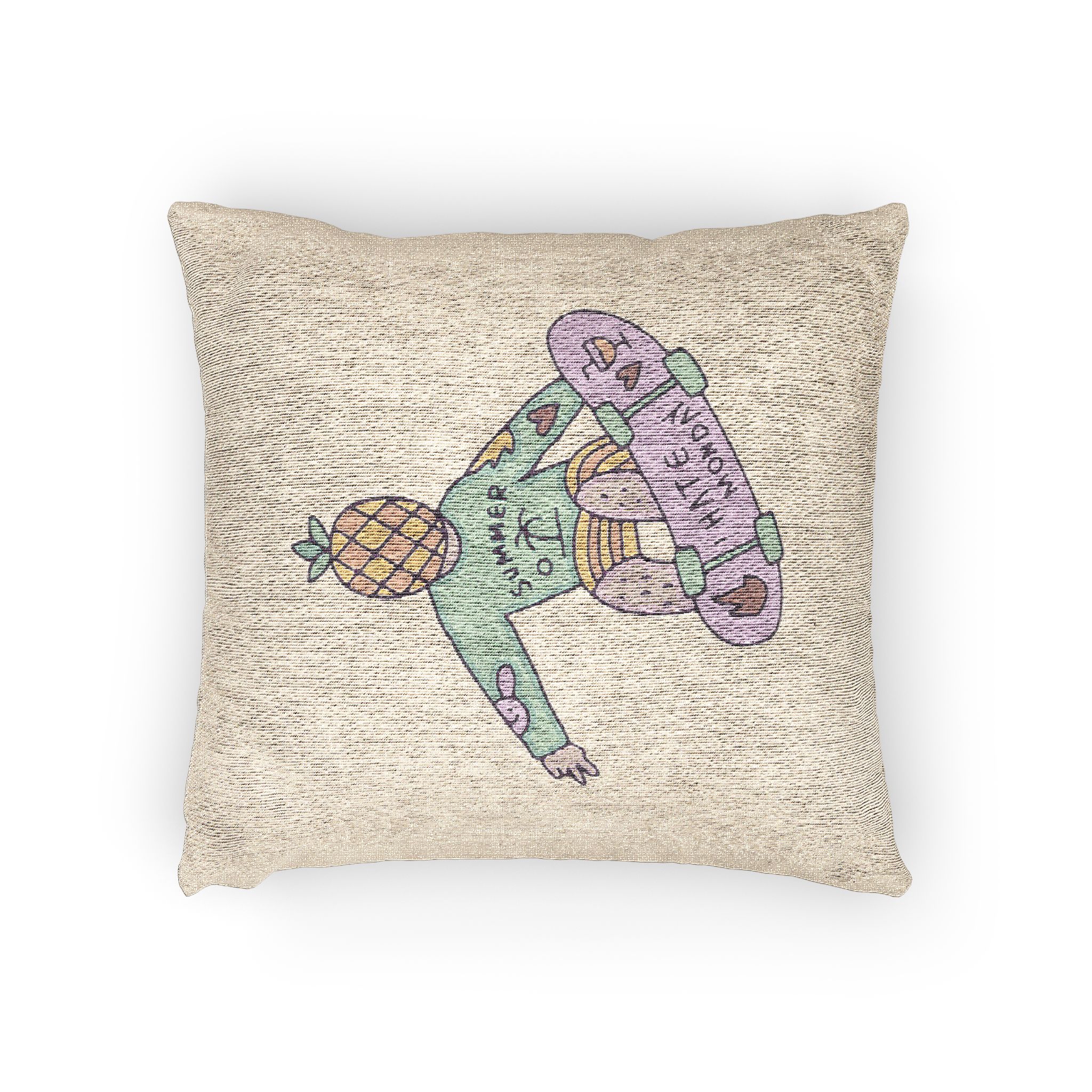 Cool Pineapple Boy Character Freestyle With Skateboard Illustration T Shirt Sticker Woven Pillow - Image 2