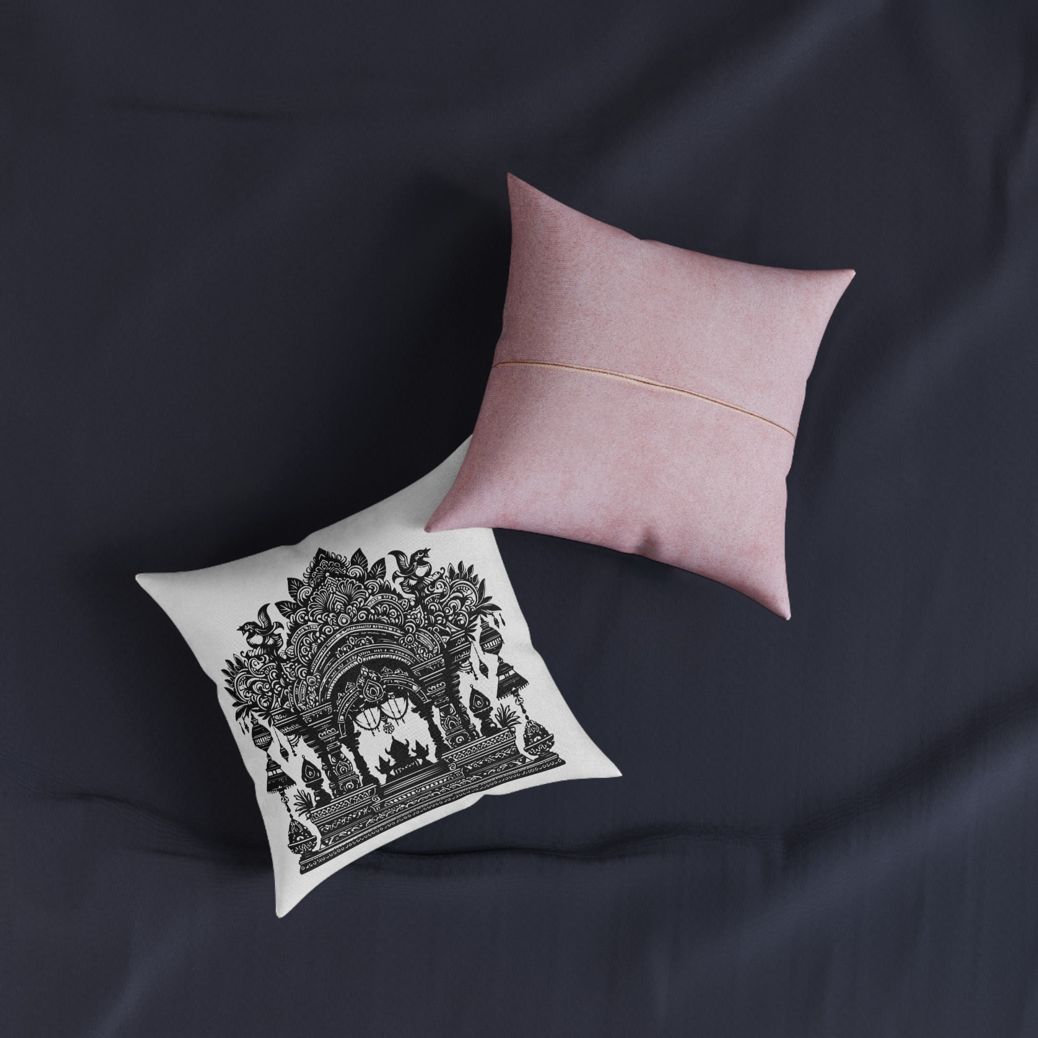 Intricate Puja Mandap Silhouettes Capturing Essence Festive Decor Black Colour Vactor (1) Square Pillow Pink Back - Image 3