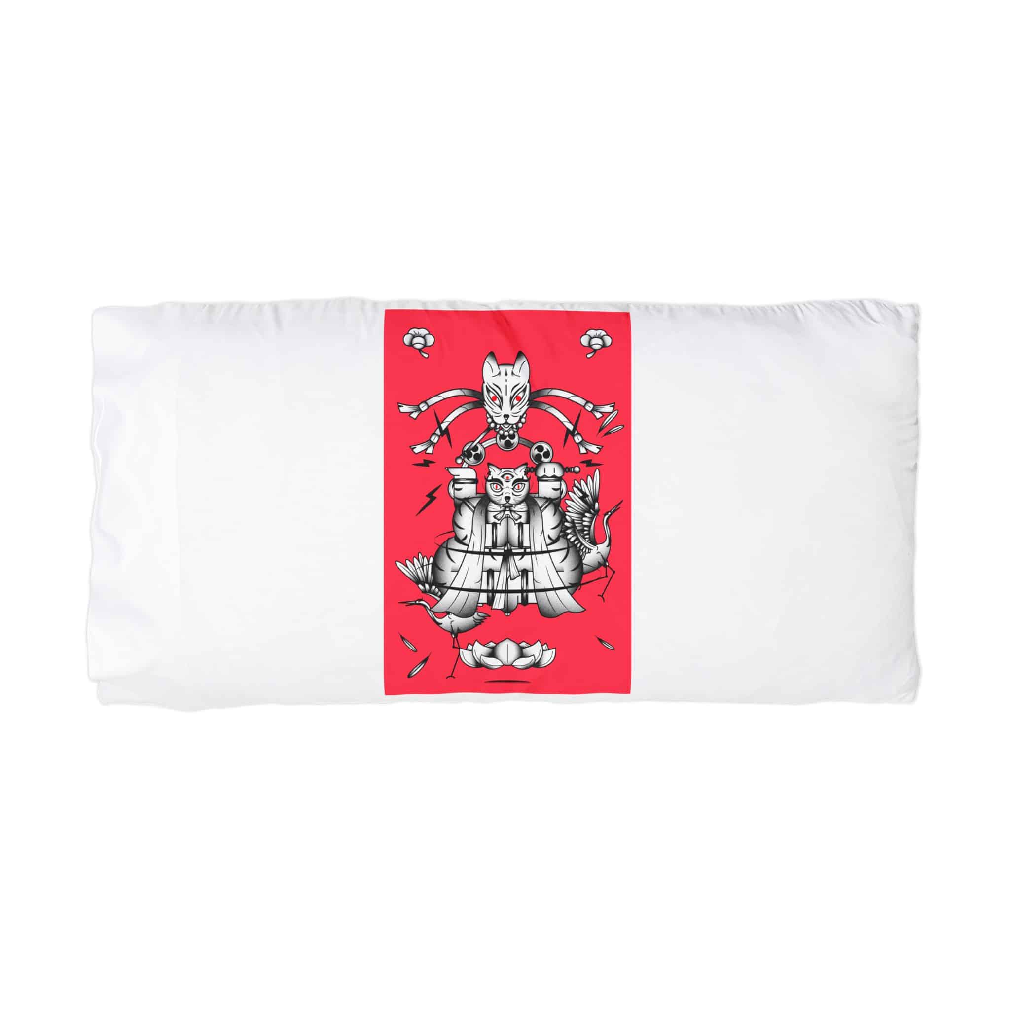 Bakeneko With Raijin Drums Japanese Monster Cat Element Redbackground Vector Microfiber Pillowcase - Image 3