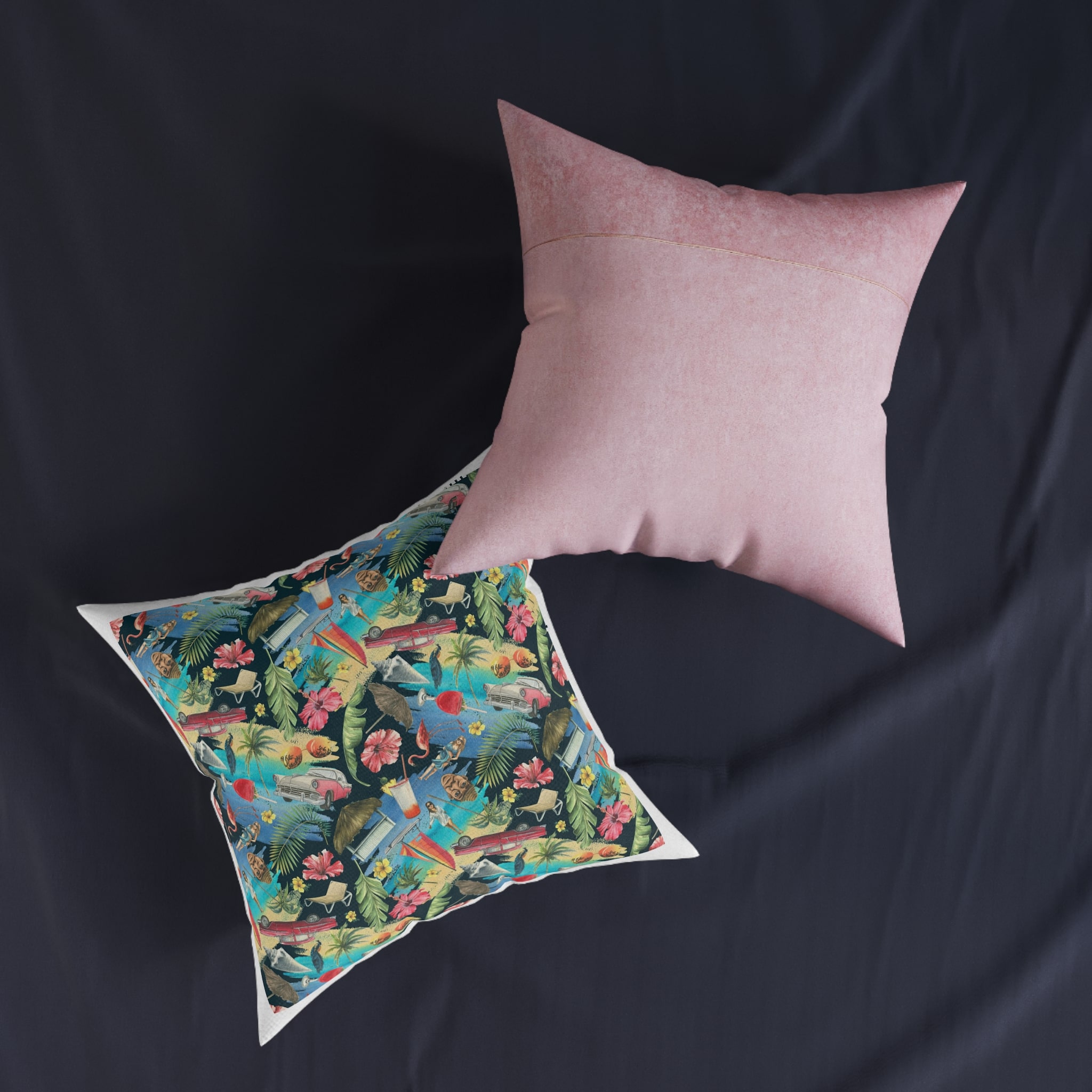 Tropical Cuban Bright Pattern Seamless Dark Background With Cocktails Palm Trees Retro Cars Pink Flamingos Seashells Watercolor Illustration From Large Cuba Set Square Pillow Pink Back - Image 11
