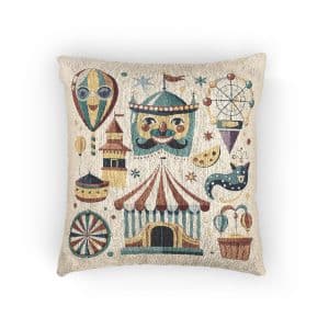 Colorful Cartoon Carnival Icons Set With Amusement Park Attractions Circus Tent Hot Air Balloon More Woven Pillow