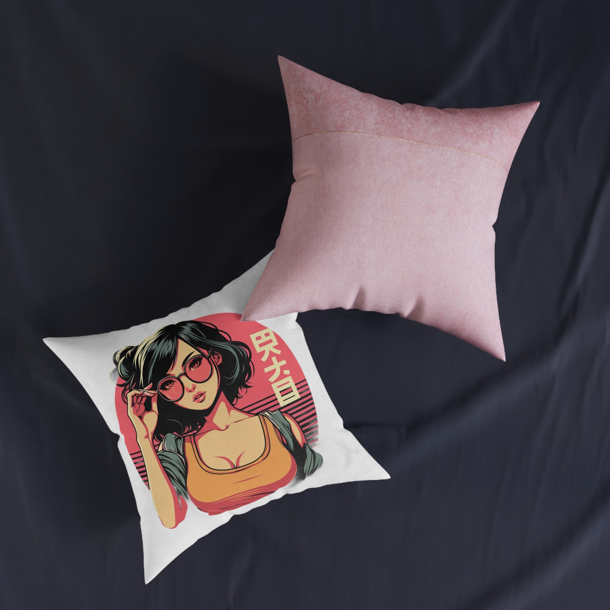 Stylish Lofi Girl Wearing Sunglasses Square Pillow Pink Back - Image 11