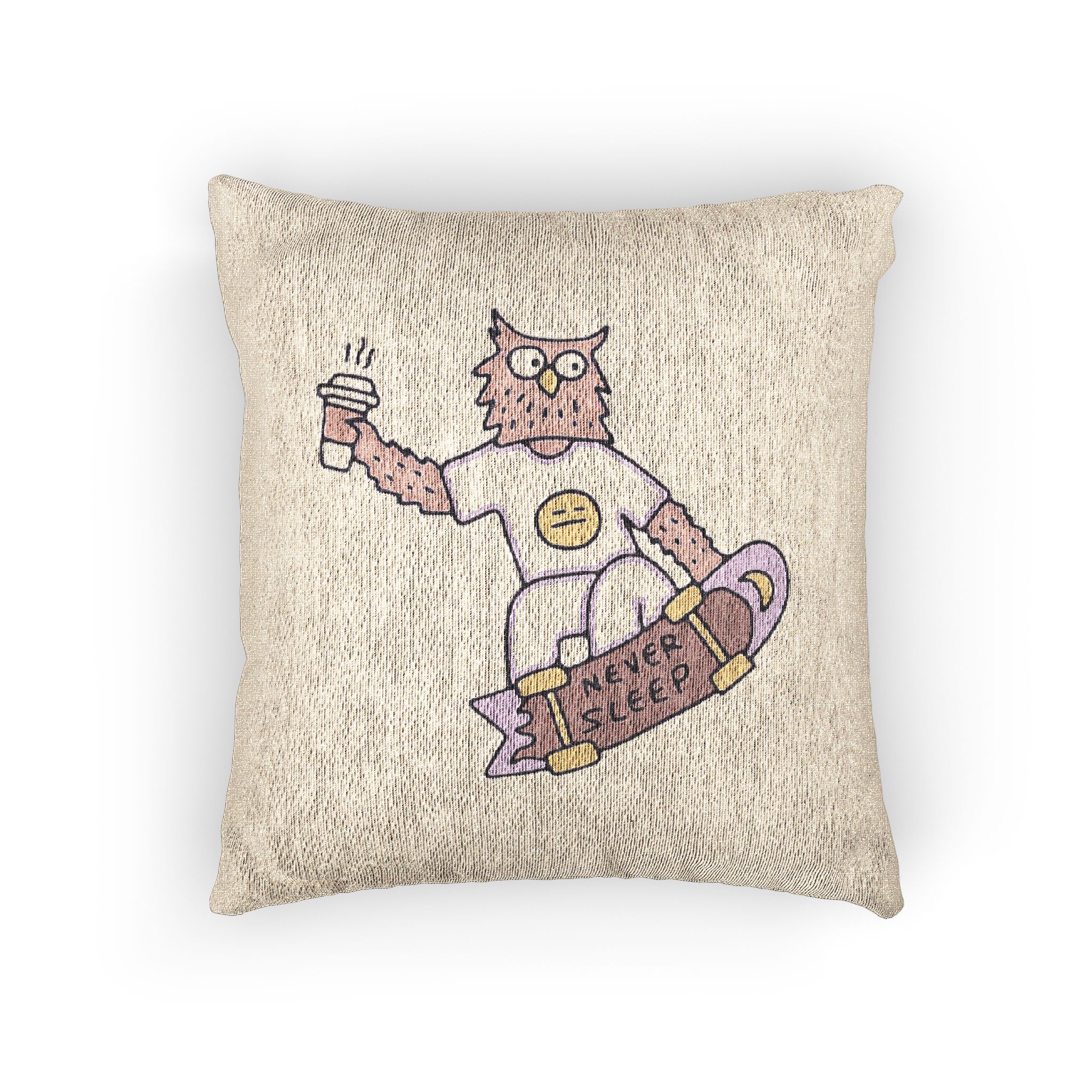 Cool Owl With Coffee Freestyle With Skateboard Illustration With Old Style 90s Cartoon Drawings Woven Pillow - Image 3