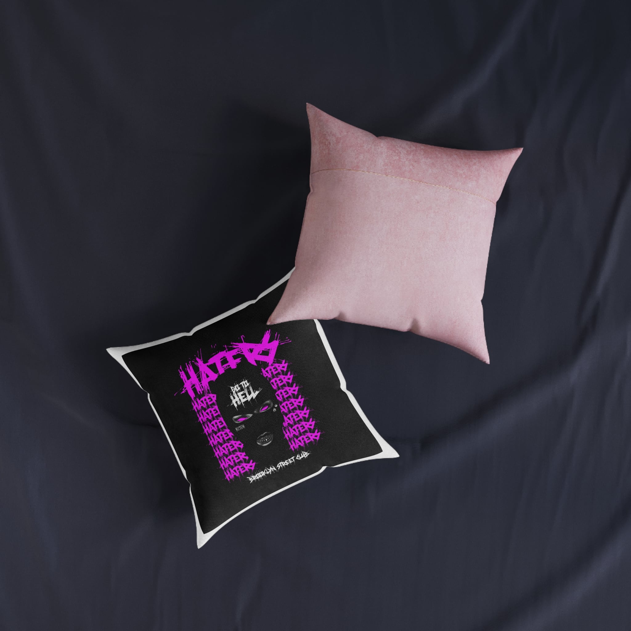 Haters Brooklyn Abstract Street Vintage Fashion Square Pillow Pink Back - Image 7