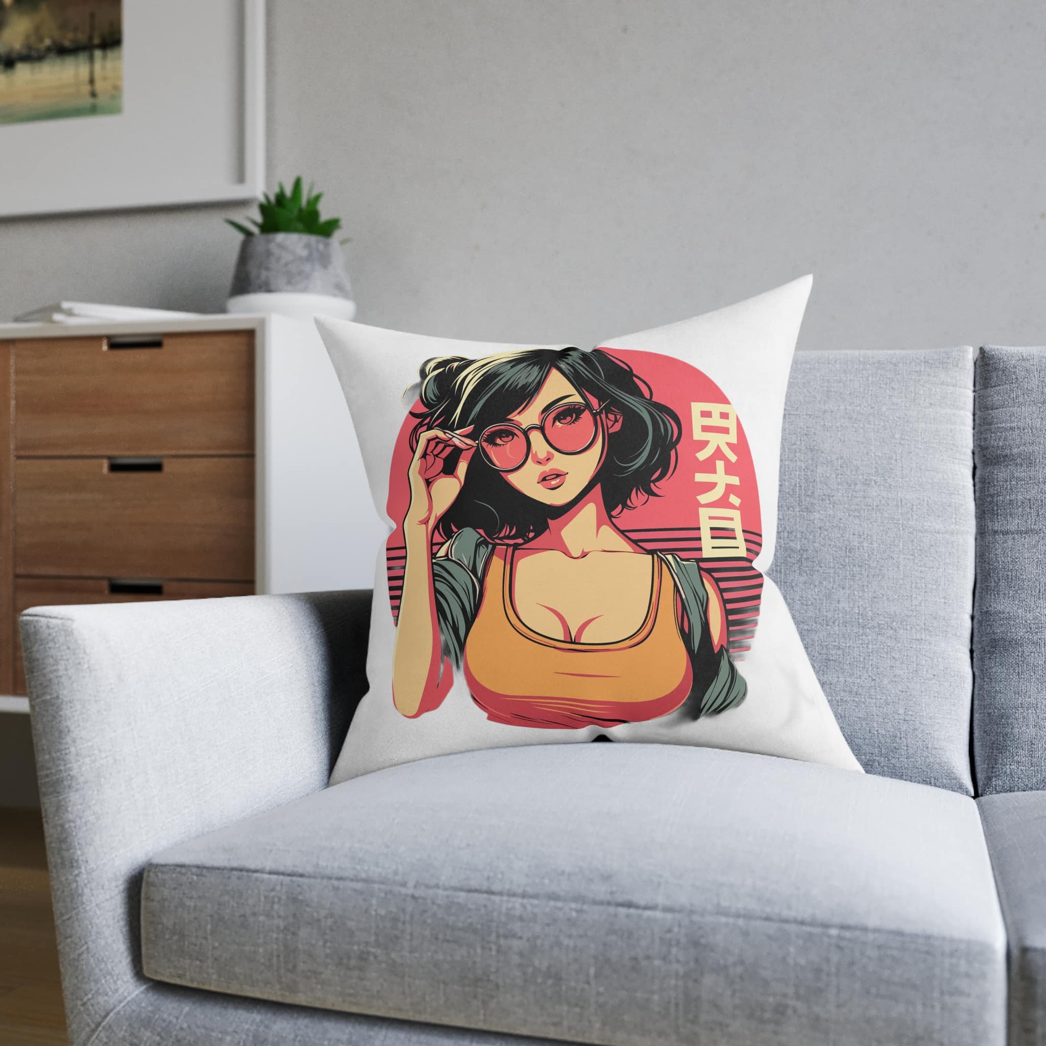 Stylish Lofi Girl Wearing Sunglasses Square Pillow Pink Back - Image 12