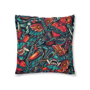 Vintage Tattoos Colorful Seamless Pattern Tufted Floor Pillow Square