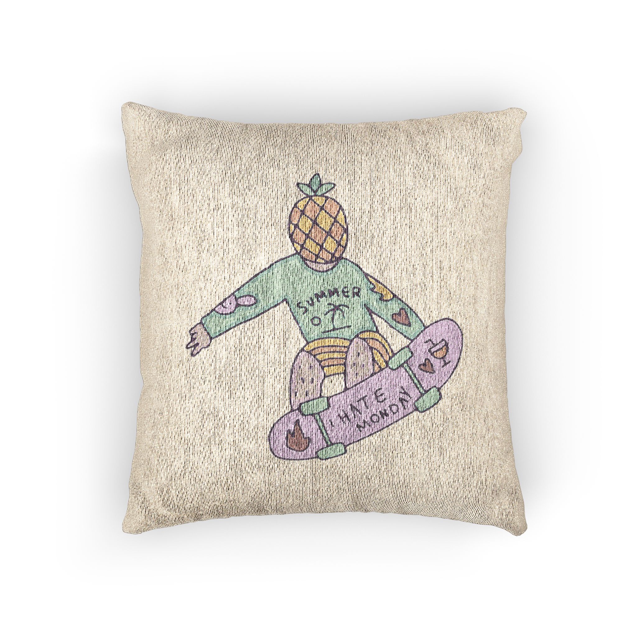 Cool Pineapple Boy Character Freestyle With Skateboard Illustration T Shirt Sticker Woven Pillow - Image 3