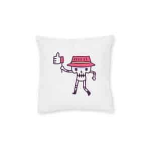 Cool Skull Wearing Bucket Hat Holding Like Button Illustration T Shirt Sticker Square Pillow Pink Back
