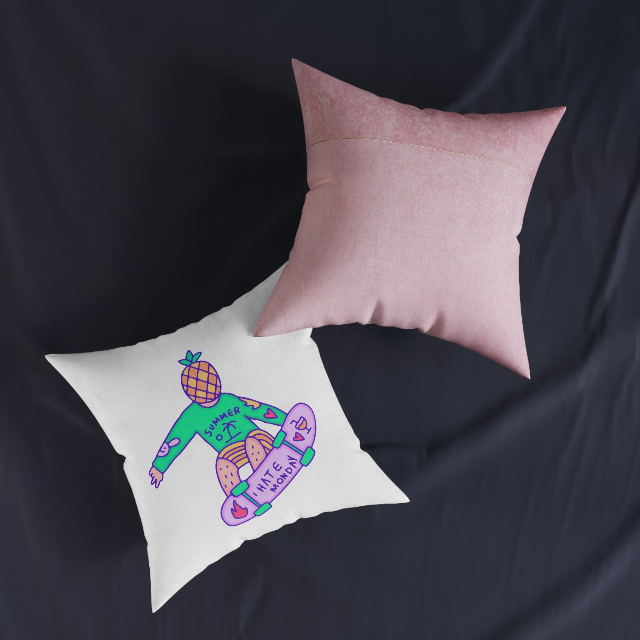 Cool Pineapple Boy Character Freestyle With Skateboard Illustration T Shirt Sticker Square Pillow Pink Back - Image 11
