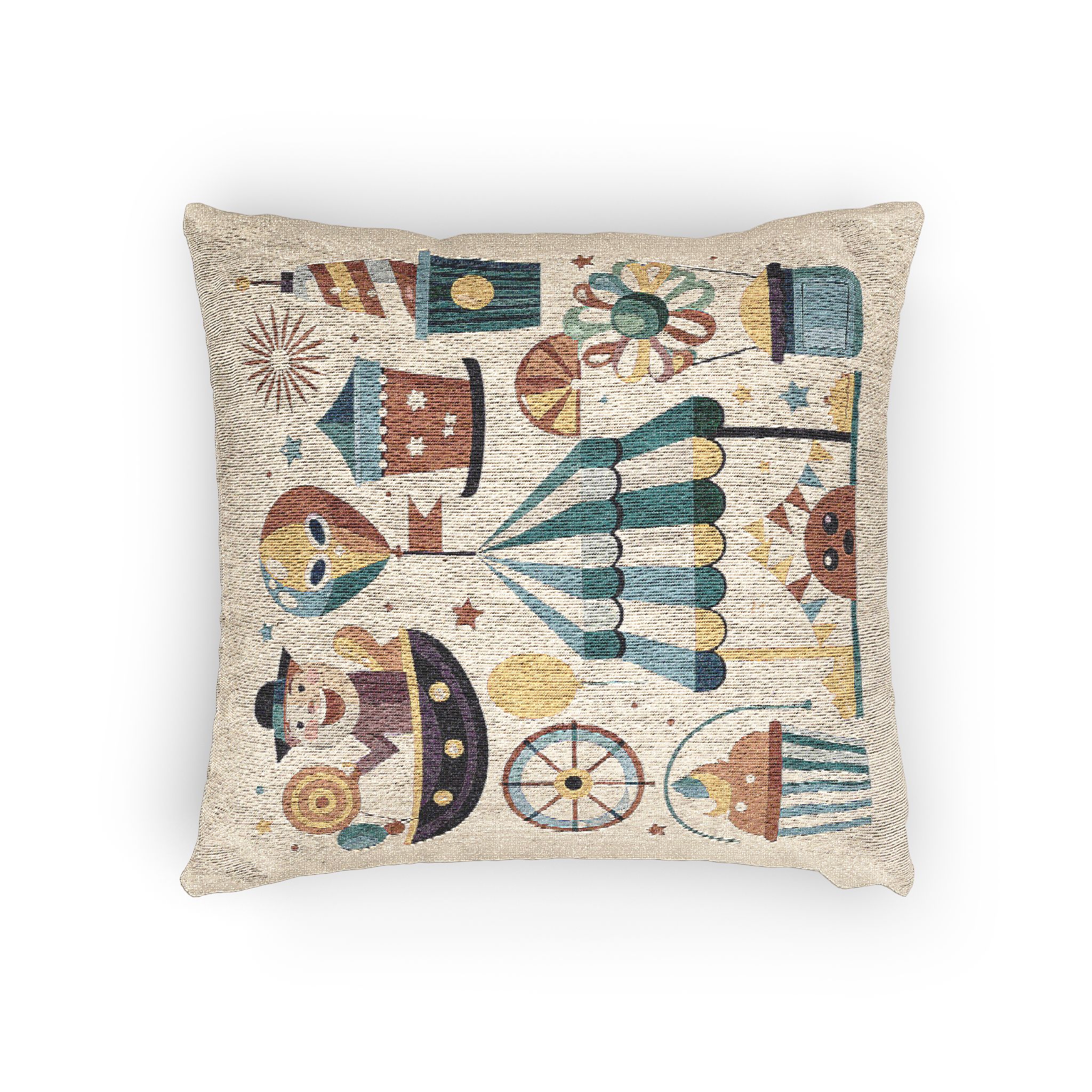 Colorful Cartoon Illustration Various Carnival Circus Elements Including Clown Ferris Wheel Tent Bal Woven Pillow - Image 4
