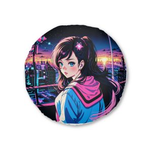 Girl With Pink Bow Is Standing Front Cityscape Tufted Floor Pillow Round