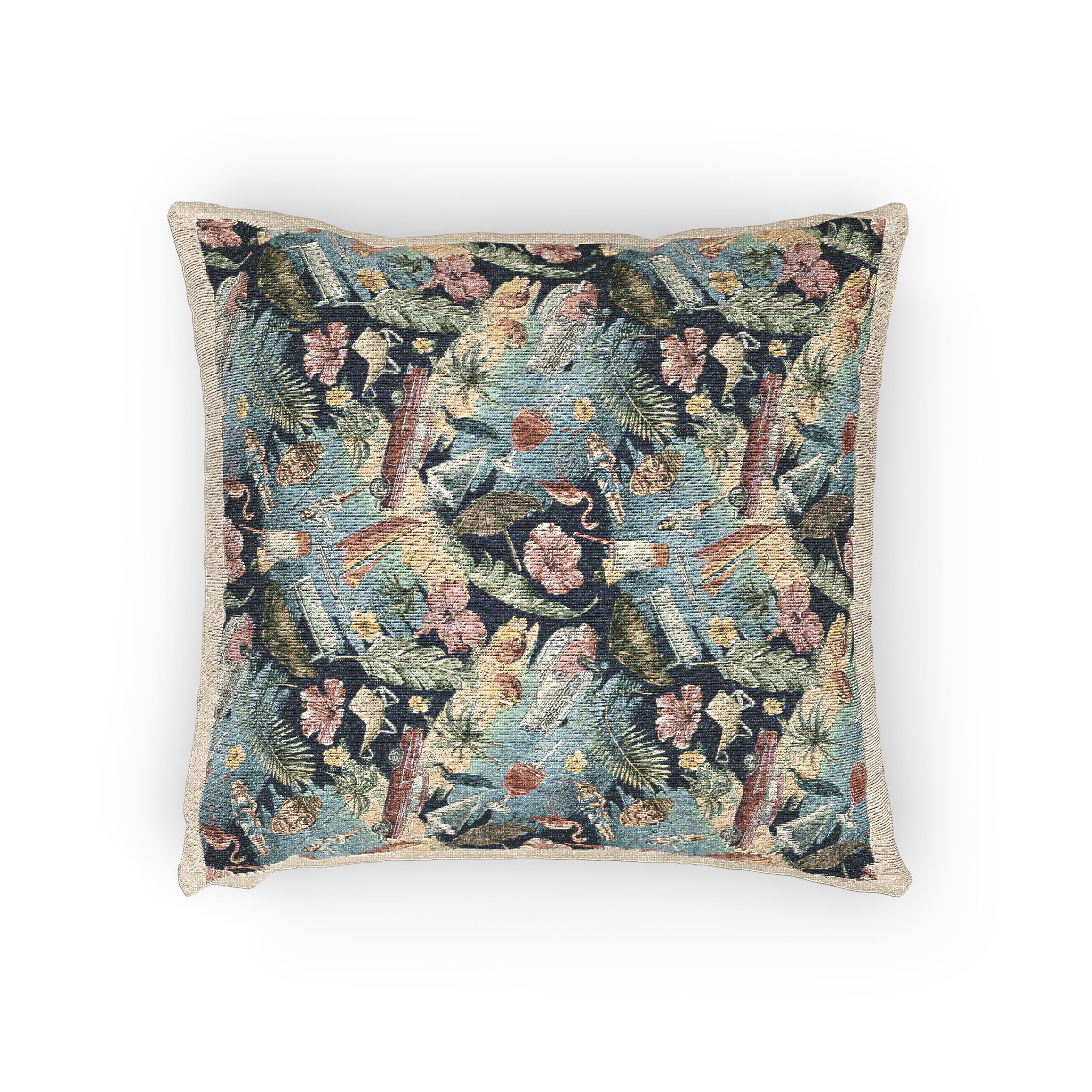 Tropical Cuban Bright Pattern Seamless Dark Background With Cocktails Palm Trees Retro Cars Pink Flamingos Seashells Watercolor Illustration From Large Cuba Set Woven Pillow - Image 2