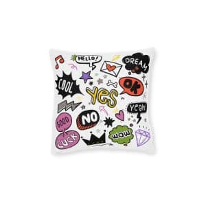 Hand Drawn Pop Art Speech Bubbles Isolated White Background Square Pillow Pink Back
