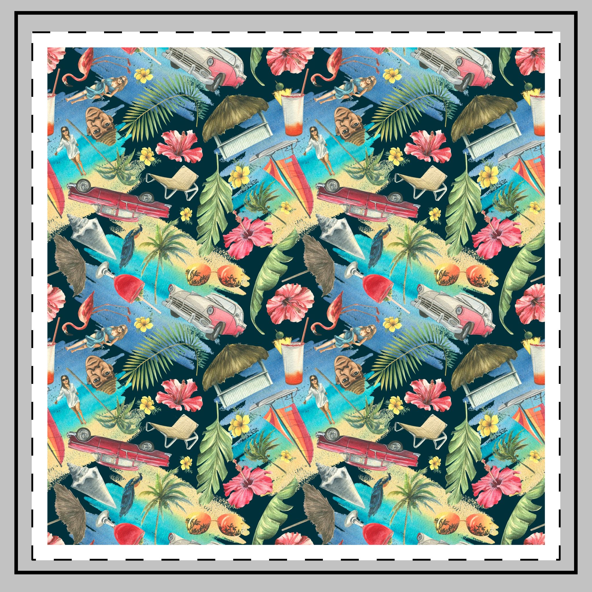 Tropical Cuban Bright Pattern Seamless Dark Background With Cocktails Palm Trees Retro Cars Pink Flamingos Seashells Watercolor Illustration From Large Cuba Set Throw Pillow - Image 2