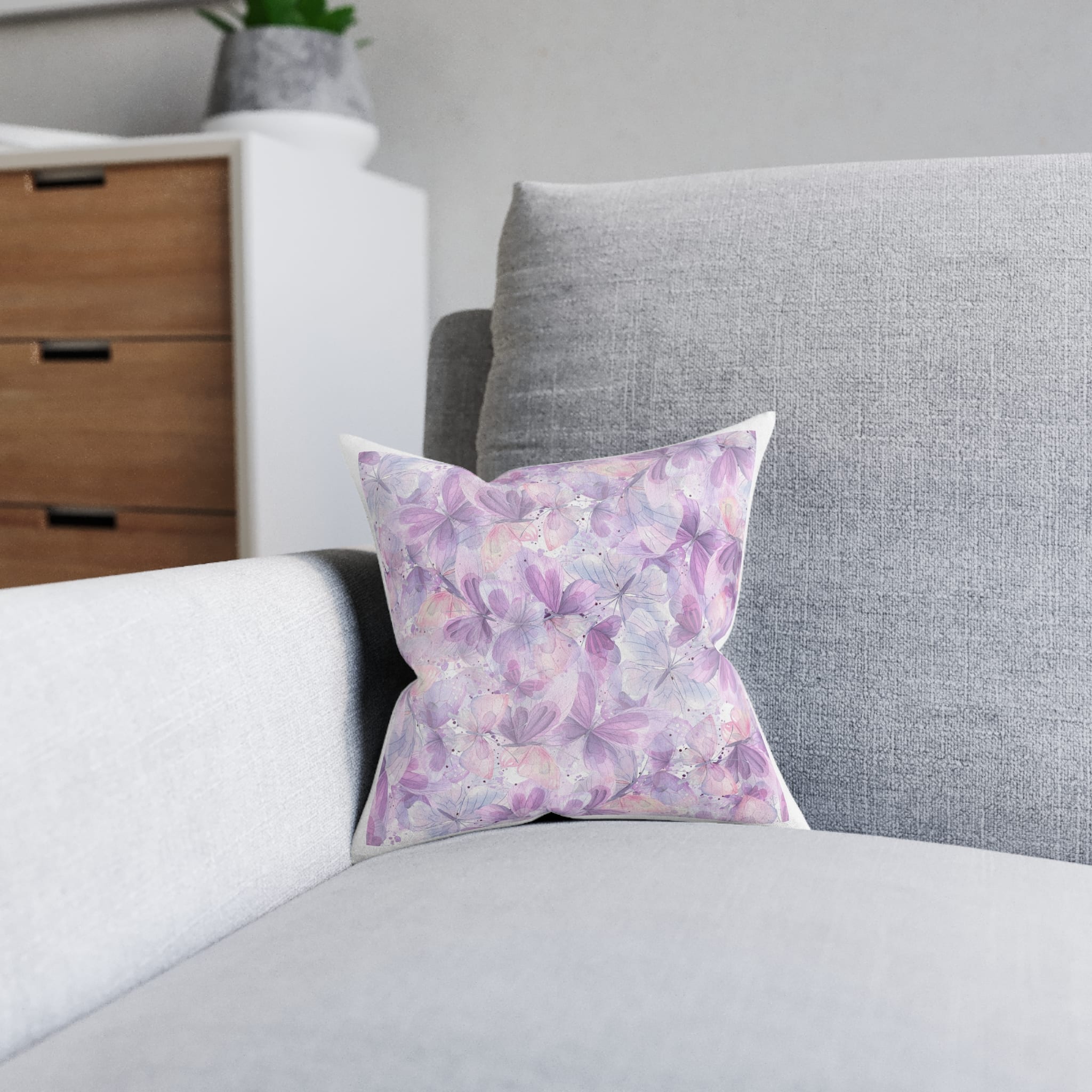 Lilac Pink Blue Butterflies Watercolor Illustration Seamless Pattern White Background From Cats Butterflies Collection Fabric Textile Wallpaper Packaging Wrapping Paper Decoration Square Pillow Pink... - Image 4