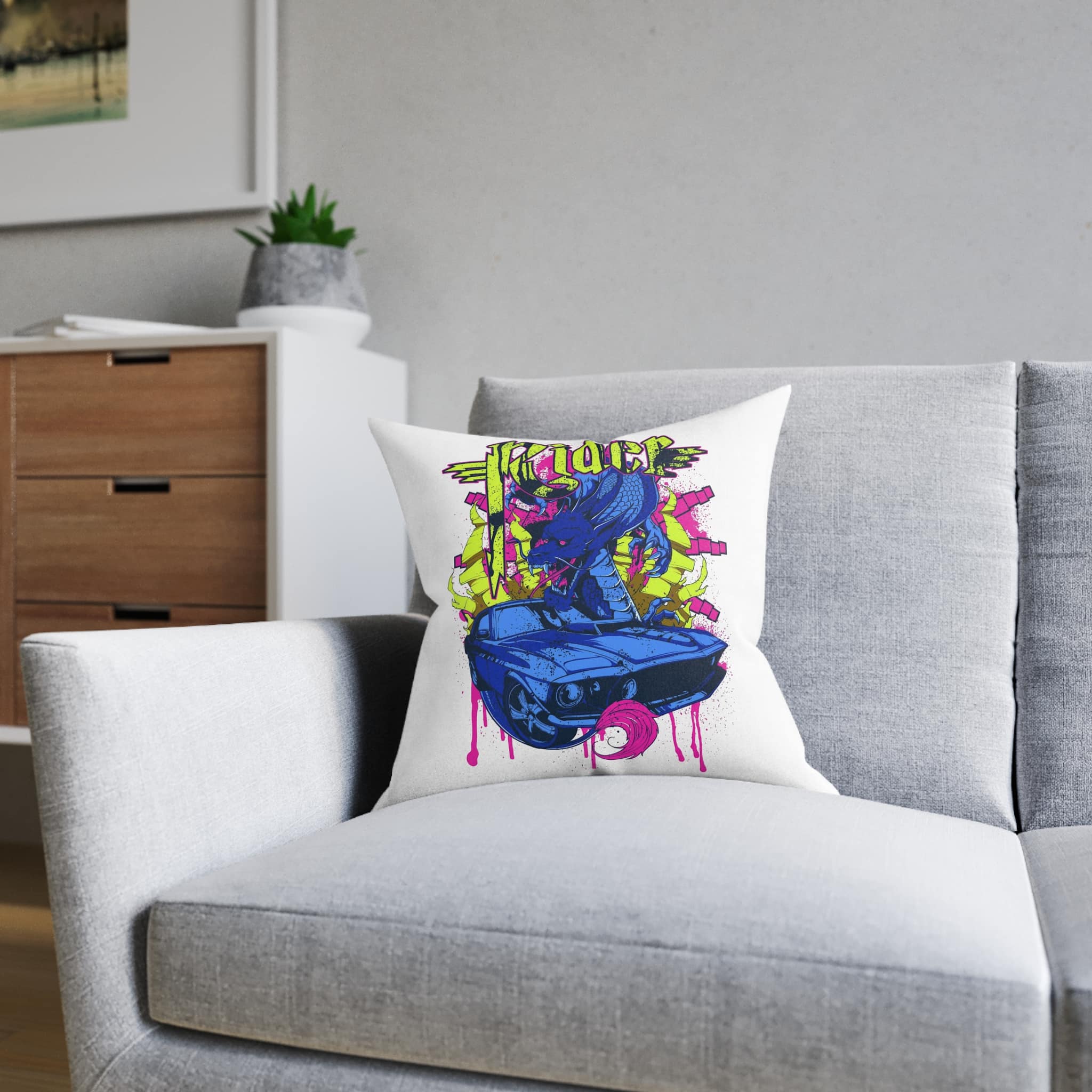 Vintage Car Attacked By Mad Dragon Square Pillow Pink Back - Image 8