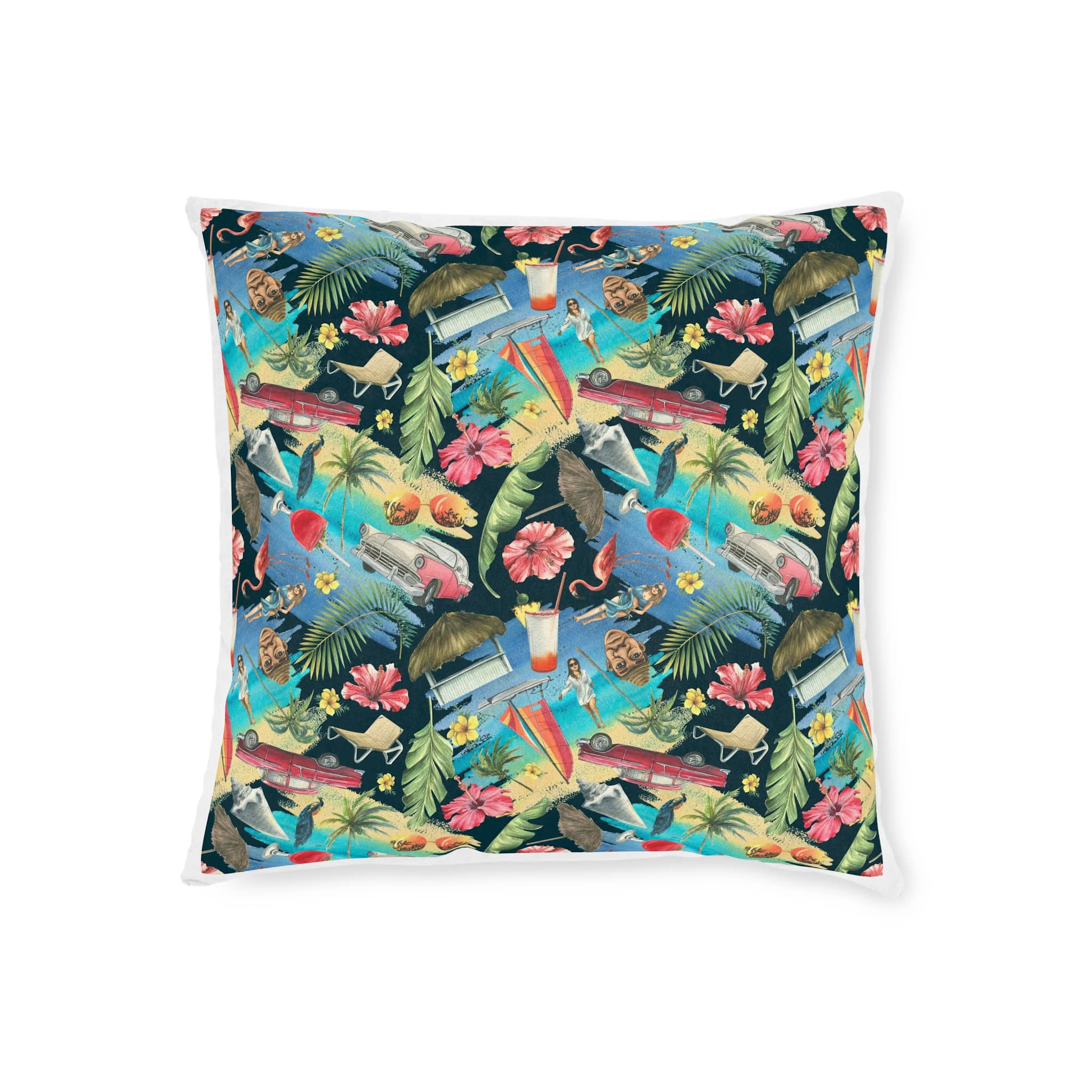 Tropical Cuban Bright Pattern Seamless Dark Background With Cocktails Palm Trees Retro Cars Pink Flamingos Seashells Watercolor Illustration From Large Cuba Set Square Pillow Pink Back - Image 5