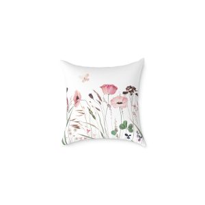 Watercolor With Wildflowers Herbs Butterfly Summer Meadow Square Poly Canvas Pillow