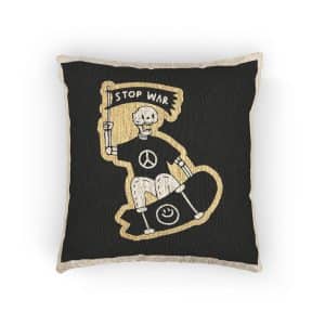 Cool Skeleton Freestyle With Skateboard Holding Flag With Stop War Typography Illustration Woven Pillow