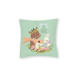 Cartoon Illustration With Cute Deer Rabbit Birds Square Pillow Pink Back