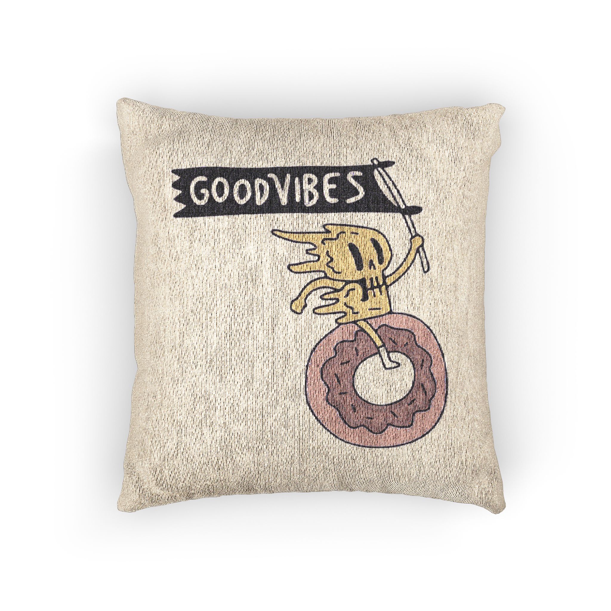 Cool Melted Skull Character Holding Flag Riding Donut Cartoon Illustration T Shirt Woven Pillow - Image 3
