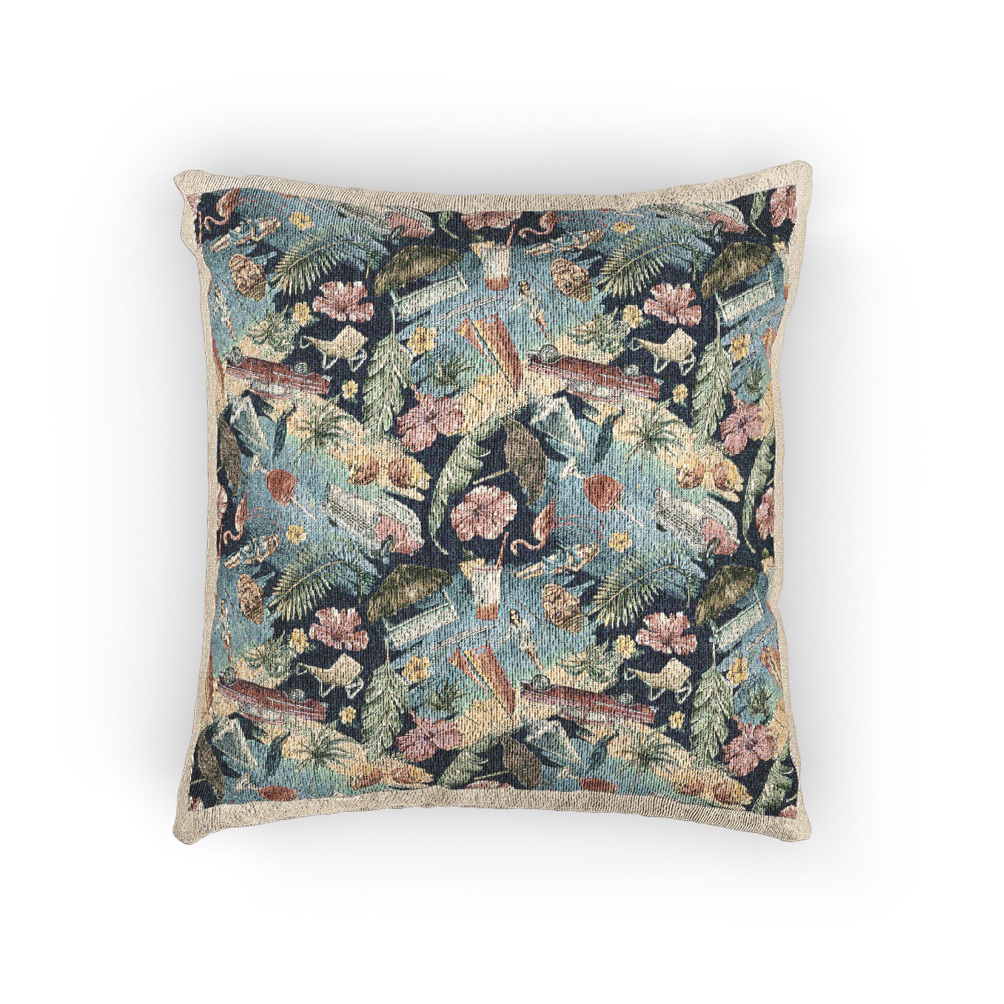 Tropical Cuban Bright Pattern Seamless Dark Background With Cocktails Palm Trees Retro Cars Pink Flamingos Seashells Watercolor Illustration From Large Cuba Set Woven Pillow