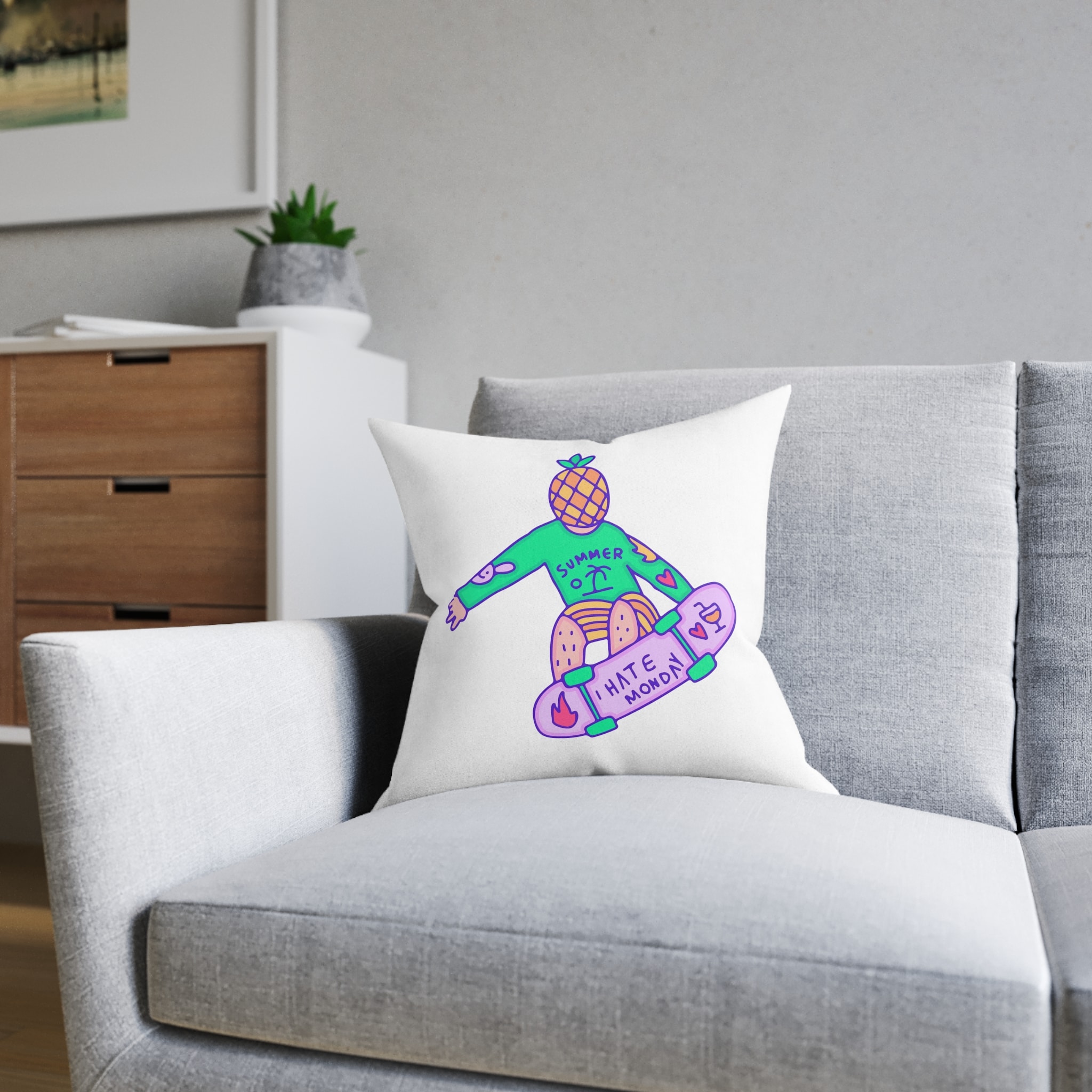 Cool Pineapple Boy Character Freestyle With Skateboard Illustration T Shirt Sticker Square Pillow Pink Back - Image 8
