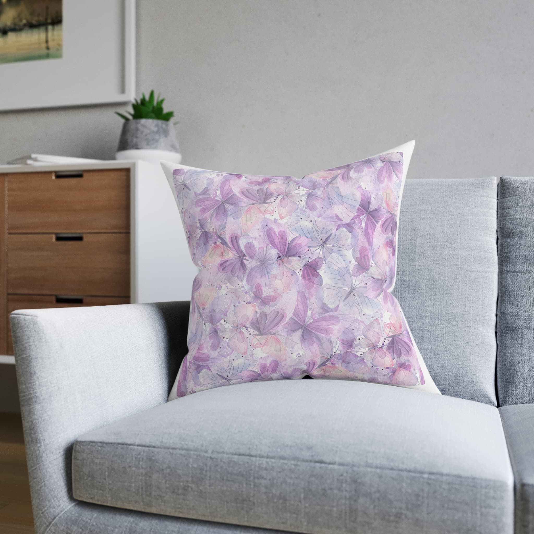 Lilac Pink Blue Butterflies Watercolor Illustration Seamless Pattern White Background From Cats Butterflies Collection Fabric Textile Wallpaper Packaging Wrapping Paper Decoration Square Pillow Pink... - Image 12