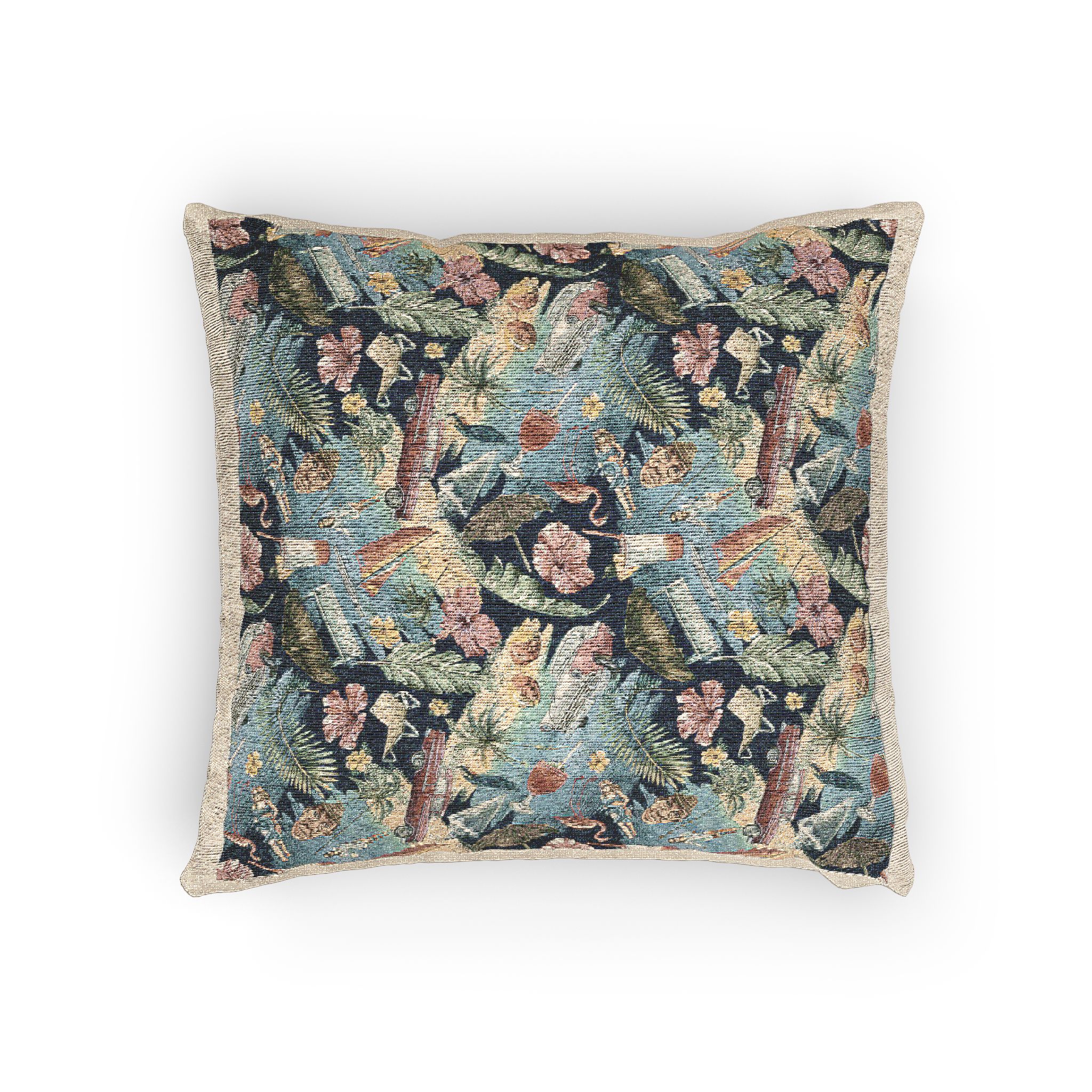 Tropical Cuban Bright Pattern Seamless Dark Background With Cocktails Palm Trees Retro Cars Pink Flamingos Seashells Watercolor Illustration From Large Cuba Set Woven Pillow - Image 4