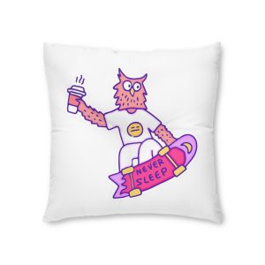 Cool Owl With Coffee Freestyle With Skateboard Illustration With Old Style 90s Cartoon Drawings Tufted Floor Pillow Square