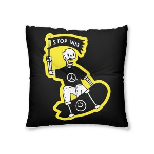 Cool Skeleton Freestyle With Skateboard Holding Flag With Stop War Typography Illustration Tufted Floor Pillow Square