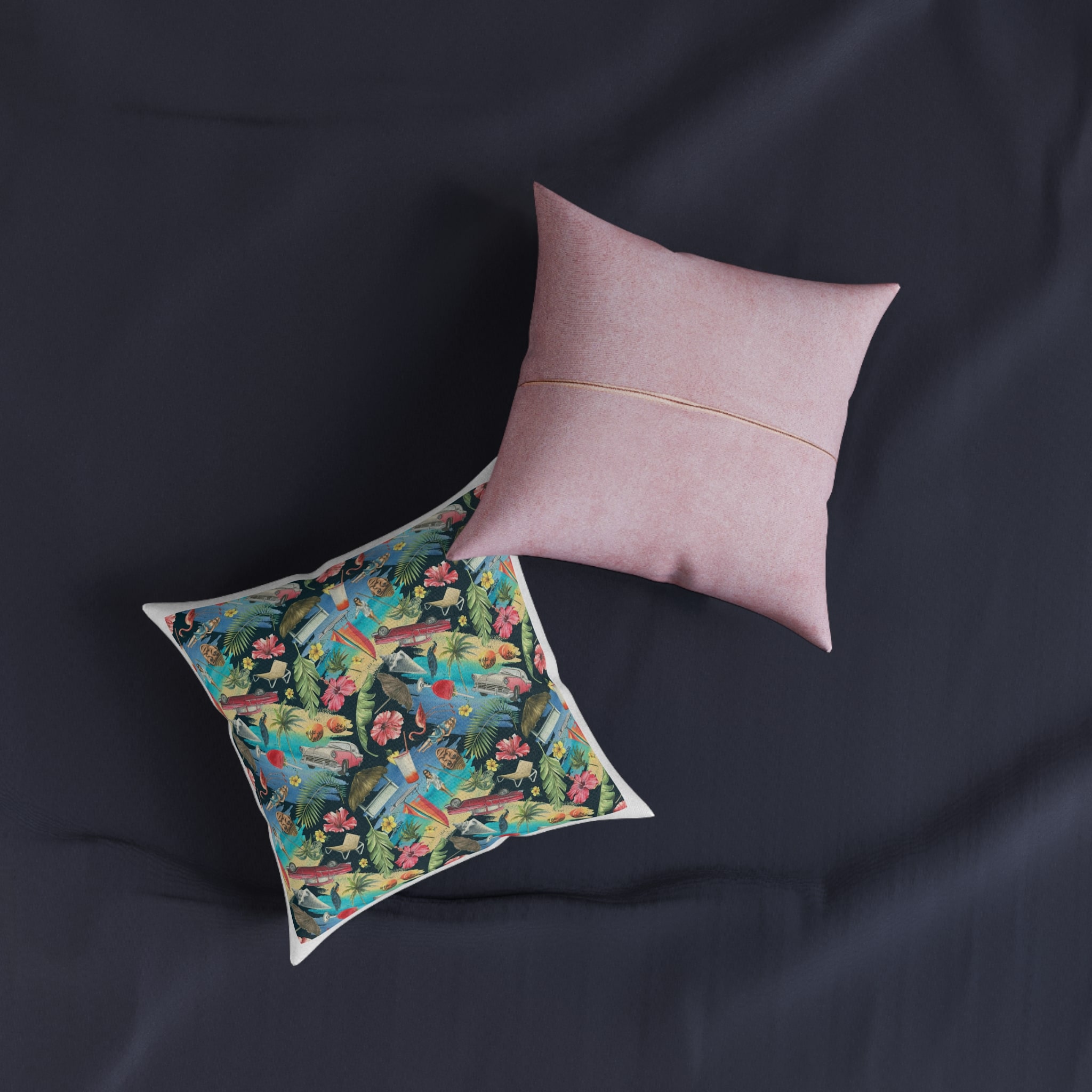 Tropical Cuban Bright Pattern Seamless Dark Background With Cocktails Palm Trees Retro Cars Pink Flamingos Seashells Watercolor Illustration From Large Cuba Set Square Pillow Pink Back - Image 3