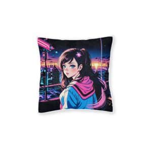 Girl With Pink Bow Is Standing Front Cityscape Square Pillow Pink Back