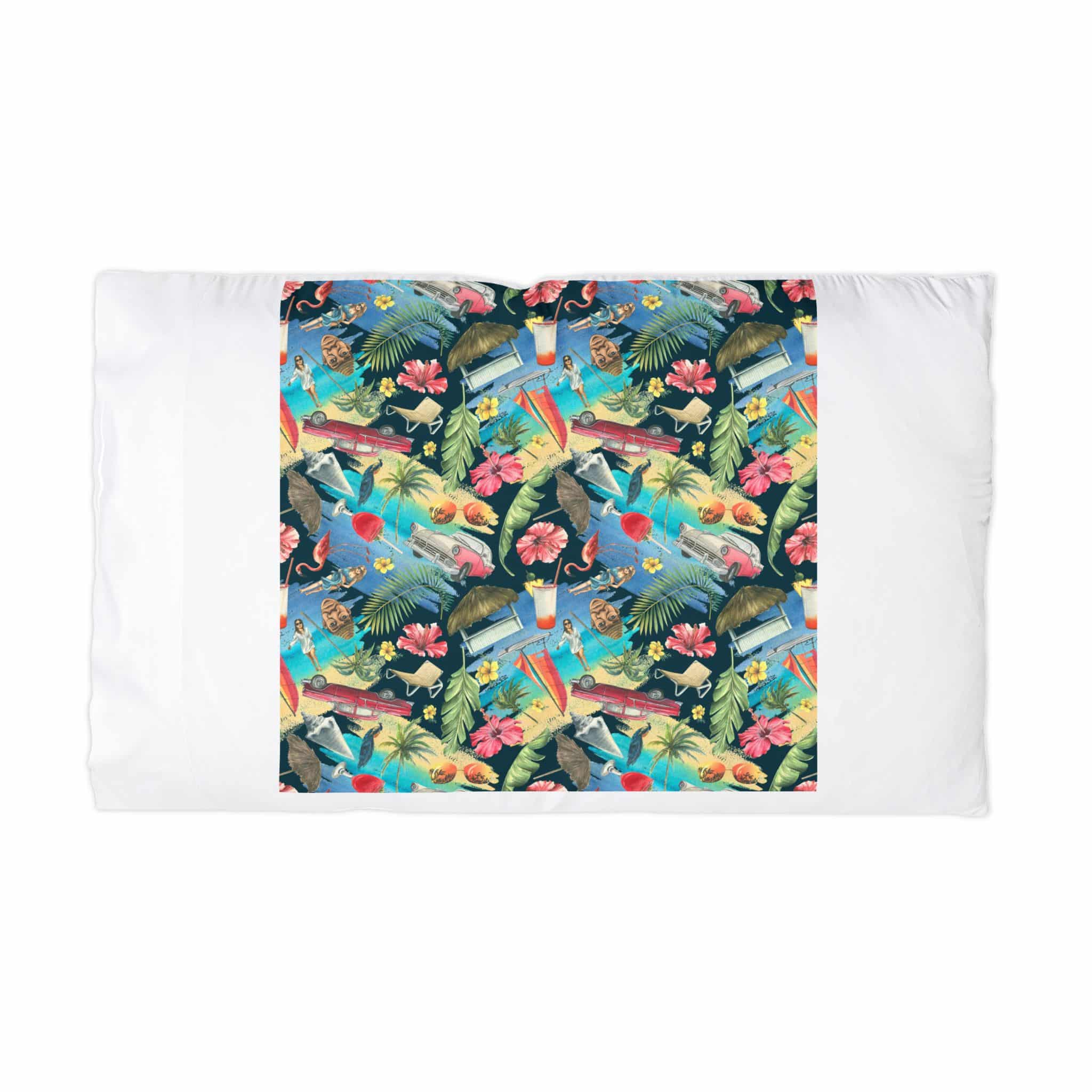Tropical Cuban Bright Pattern Seamless Dark Background With Cocktails Palm Trees Retro Cars Pink Flamingos Seashells Watercolor Illustration From Large Cuba Set Microfiber Pillowcase