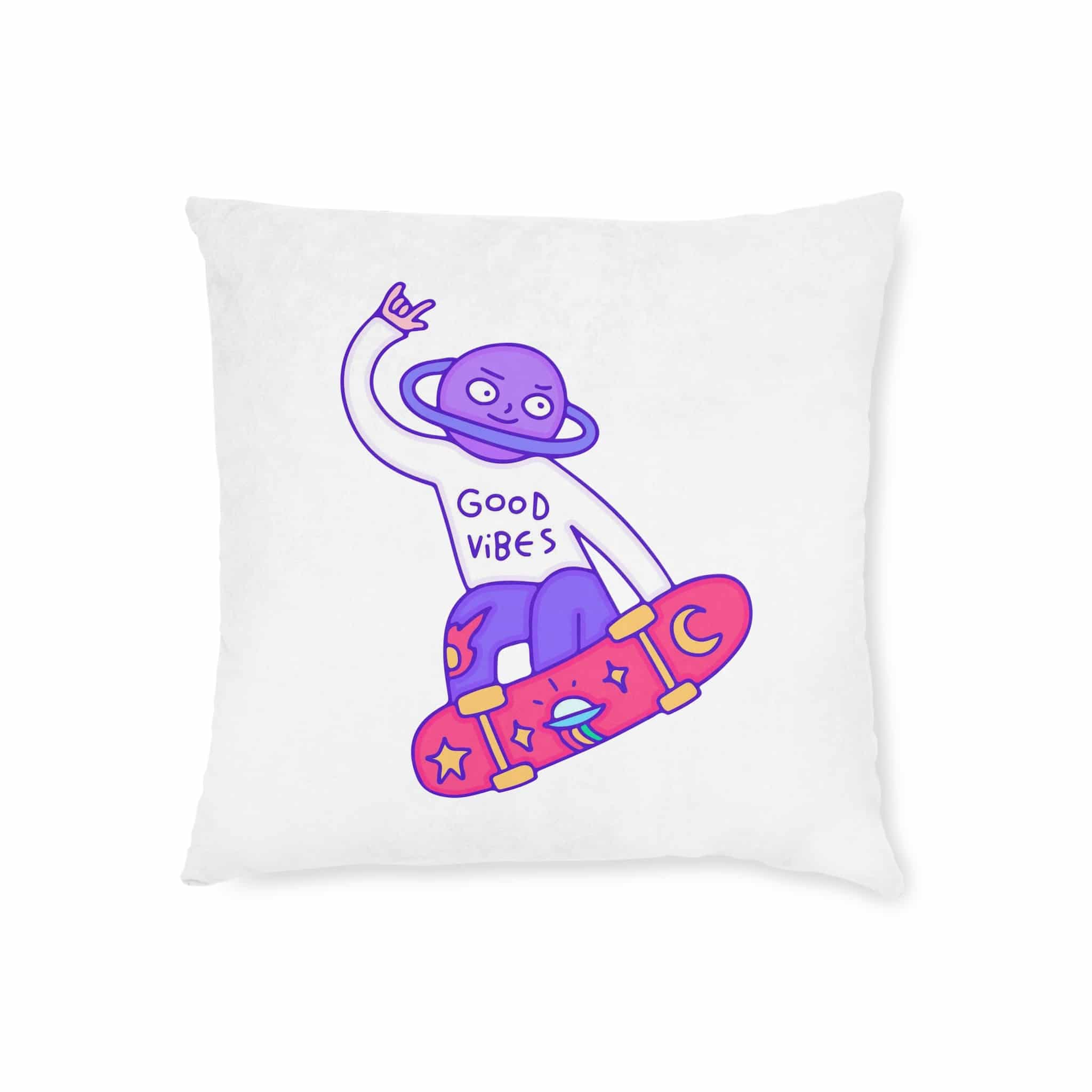 Cool Saturn Planet Character Freestyle With Skateboard Illustration T Shirt Sticker Square Pillow Pink Back - Image 5