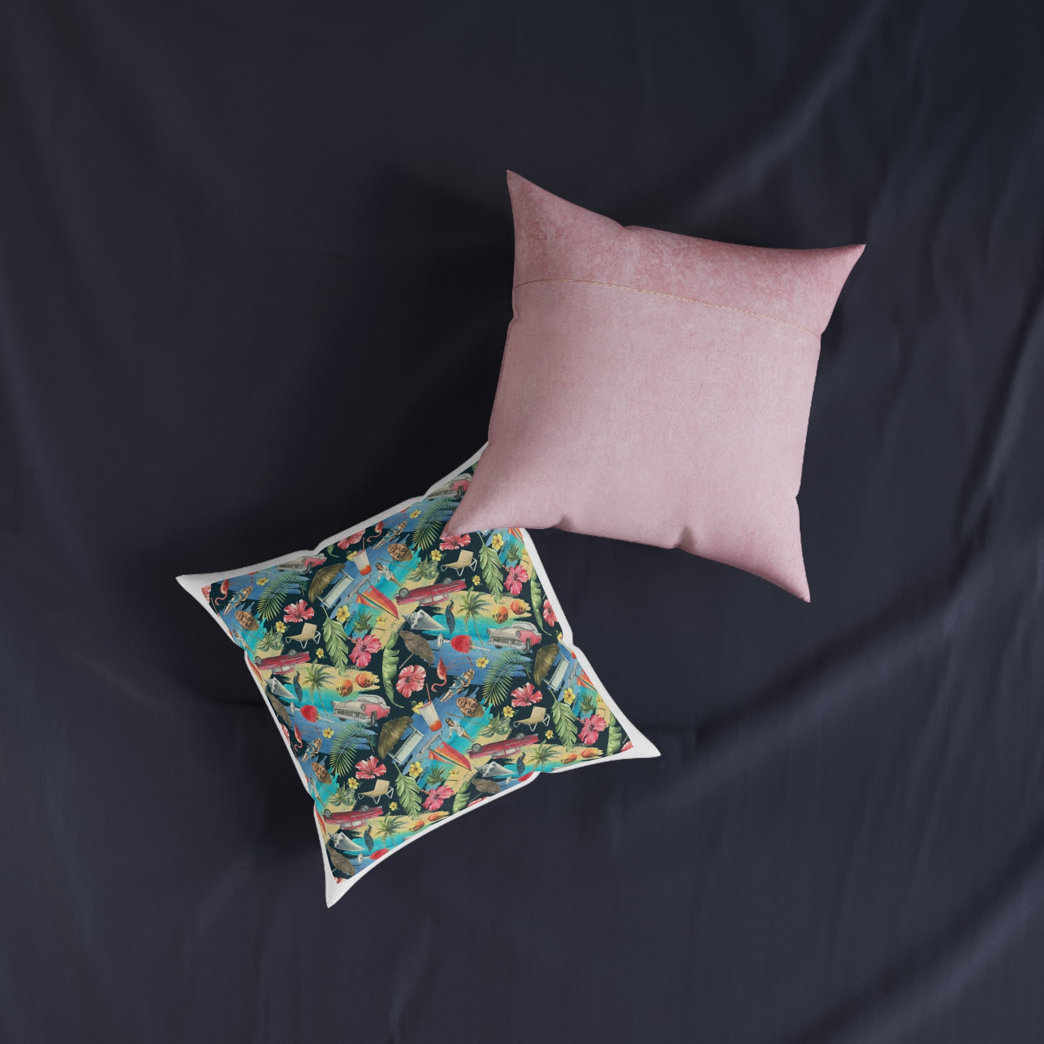 Tropical Cuban Bright Pattern Seamless Dark Background With Cocktails Palm Trees Retro Cars Pink Flamingos Seashells Watercolor Illustration From Large Cuba Set Square Pillow Pink Back - Image 7