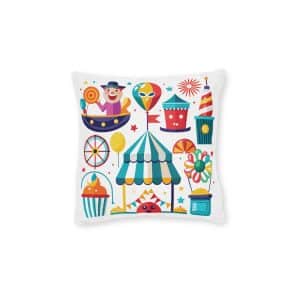 Colorful Cartoon Illustration Various Carnival Circus Elements Including Clown Ferris Wheel Tent Bal Square Pillow Pink Back