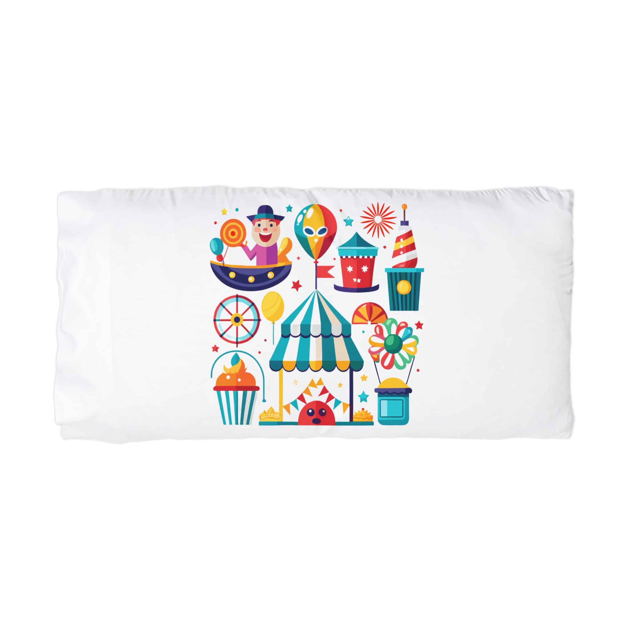 Colorful Cartoon Illustration Various Carnival Circus Elements Including Clown Ferris Wheel Tent Bal Microfiber Pillowcase - Image 3