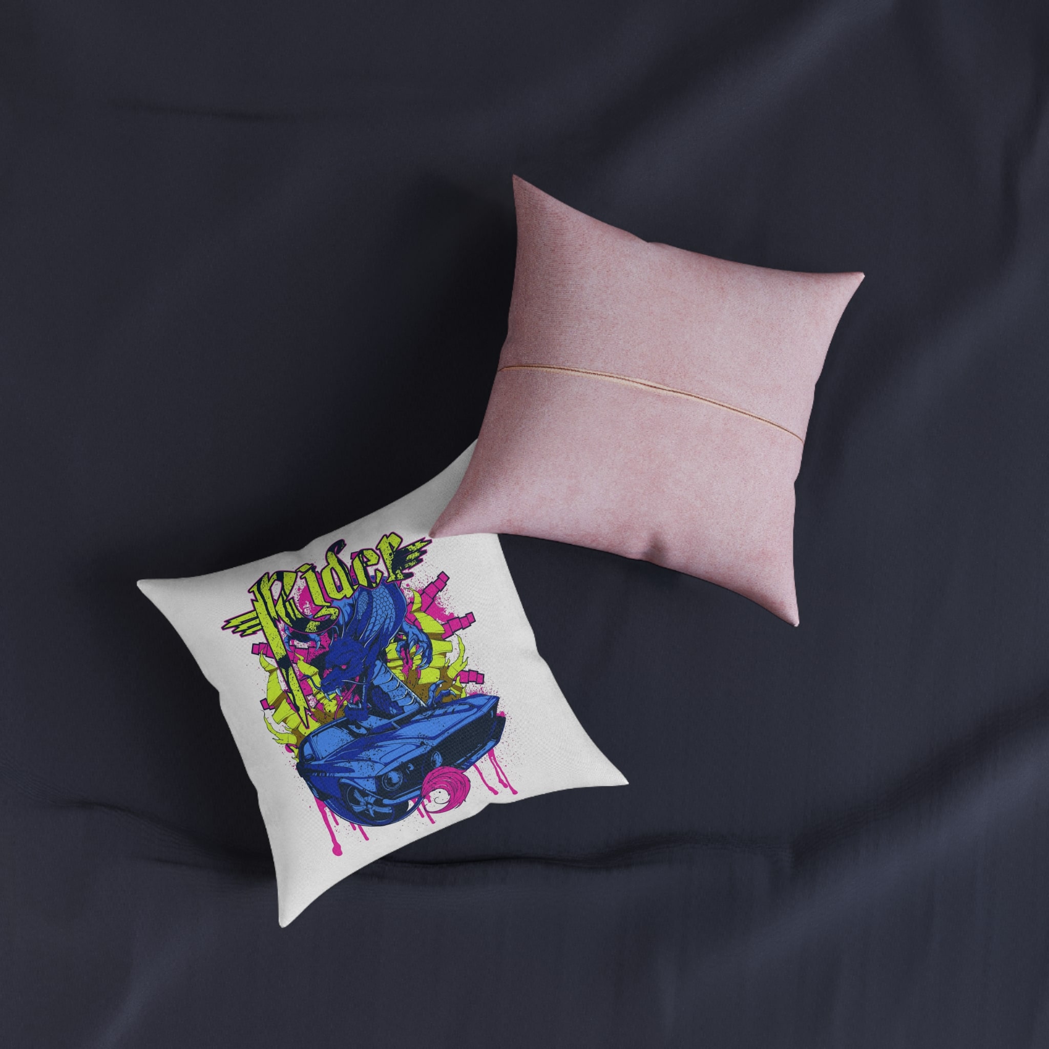 Vintage Car Attacked By Mad Dragon Square Pillow Pink Back - Image 3