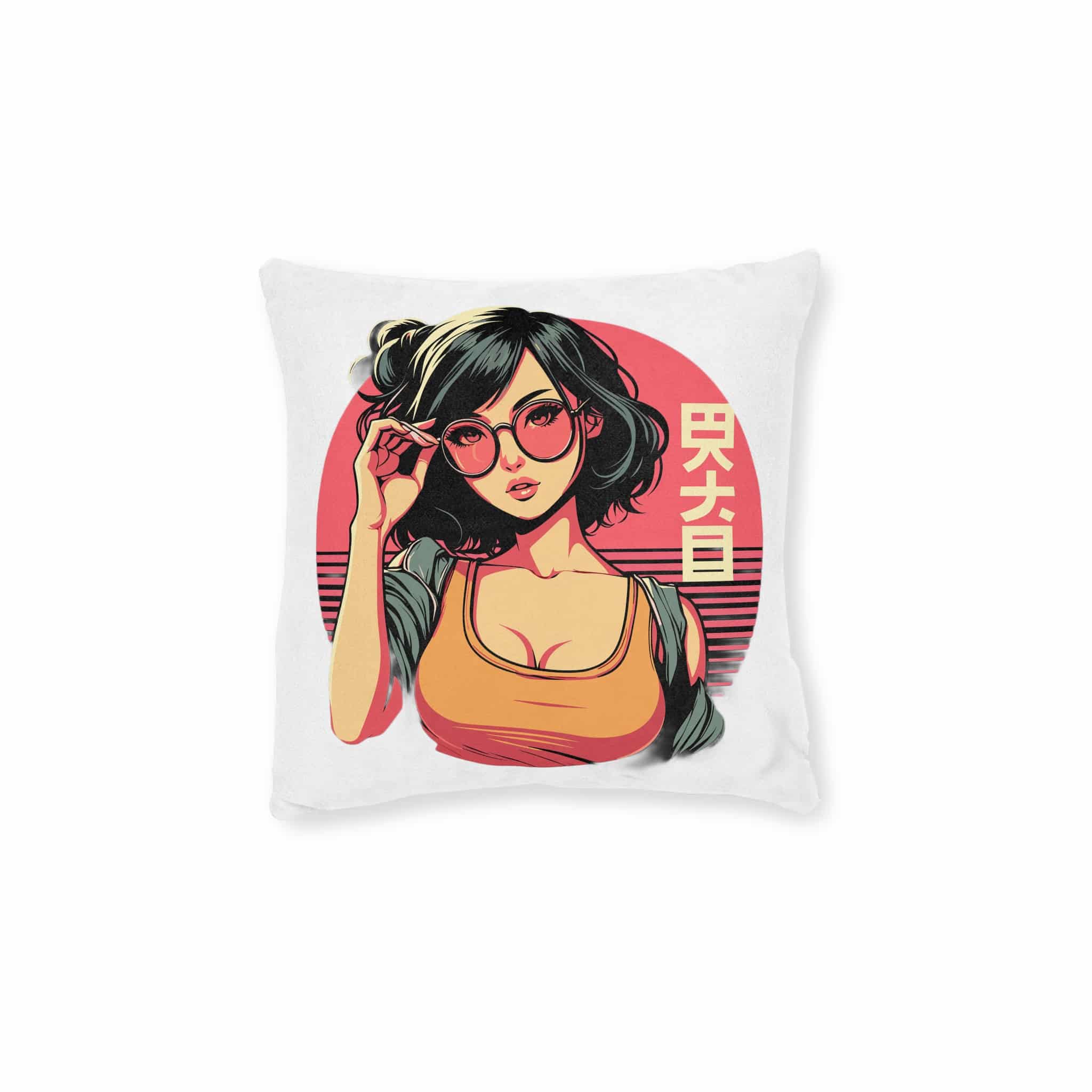 Stylish Lofi Girl Wearing Sunglasses Square Pillow Pink Back