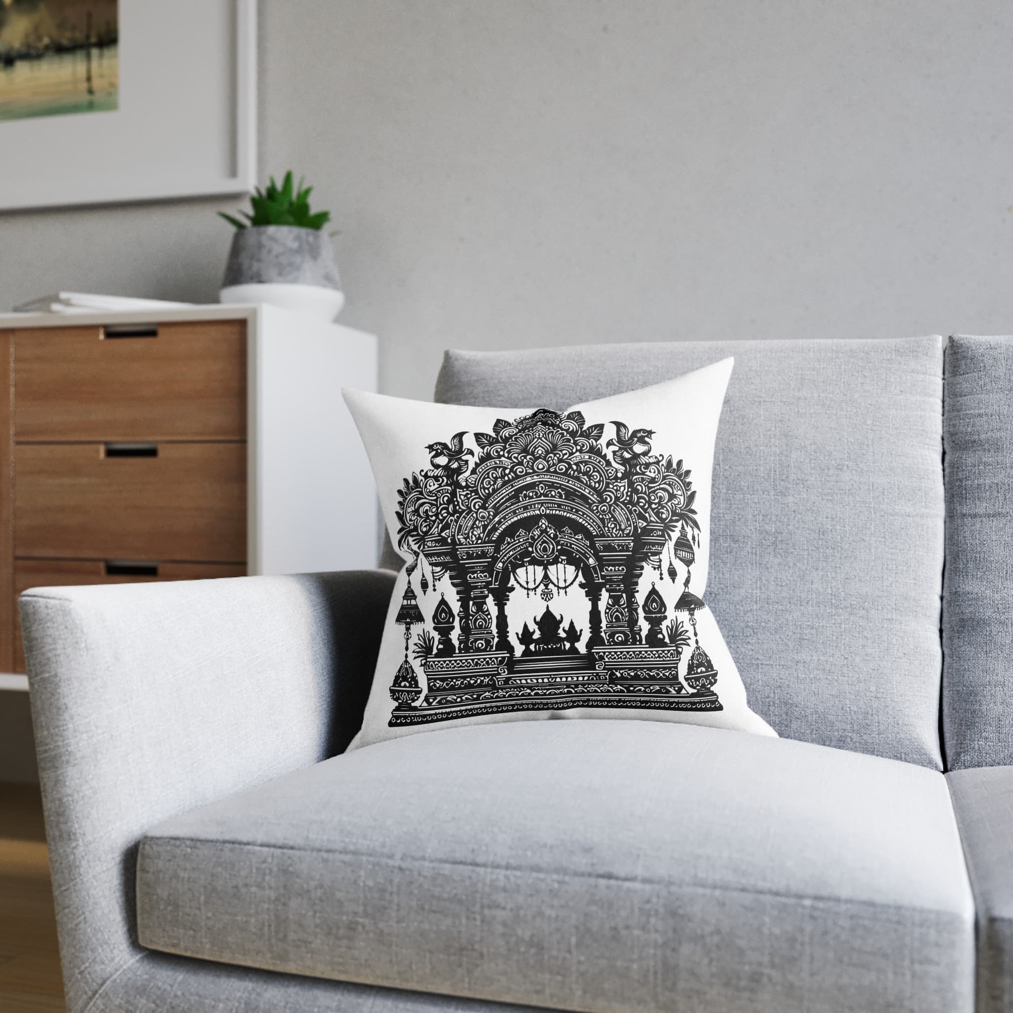 Intricate Puja Mandap Silhouettes Capturing Essence Festive Decor Black Colour Vactor (1) Square Pillow Pink Back - Image 8