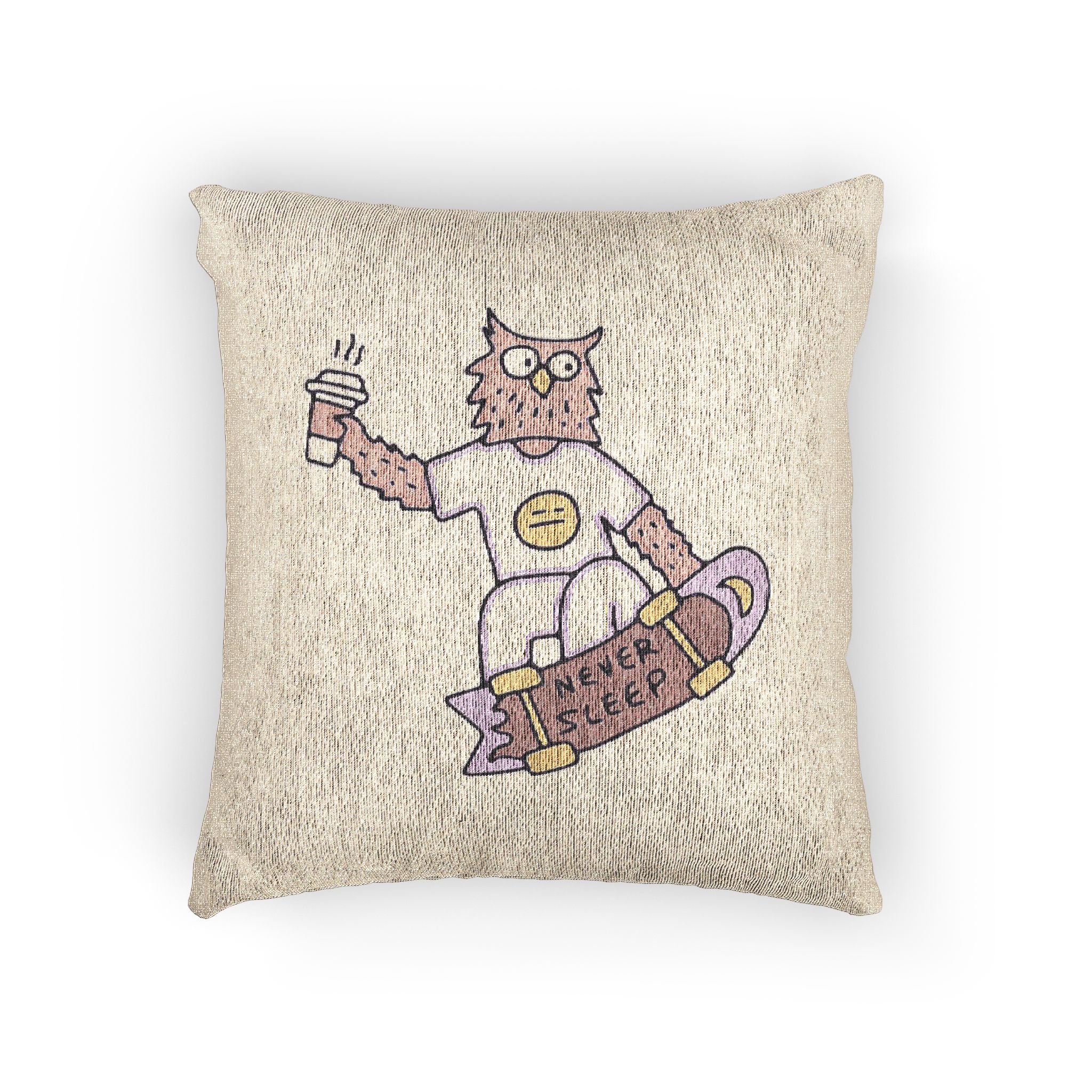 Cool Owl With Coffee Freestyle With Skateboard Illustration With Old Style 90s Cartoon Drawings Woven Pillow
