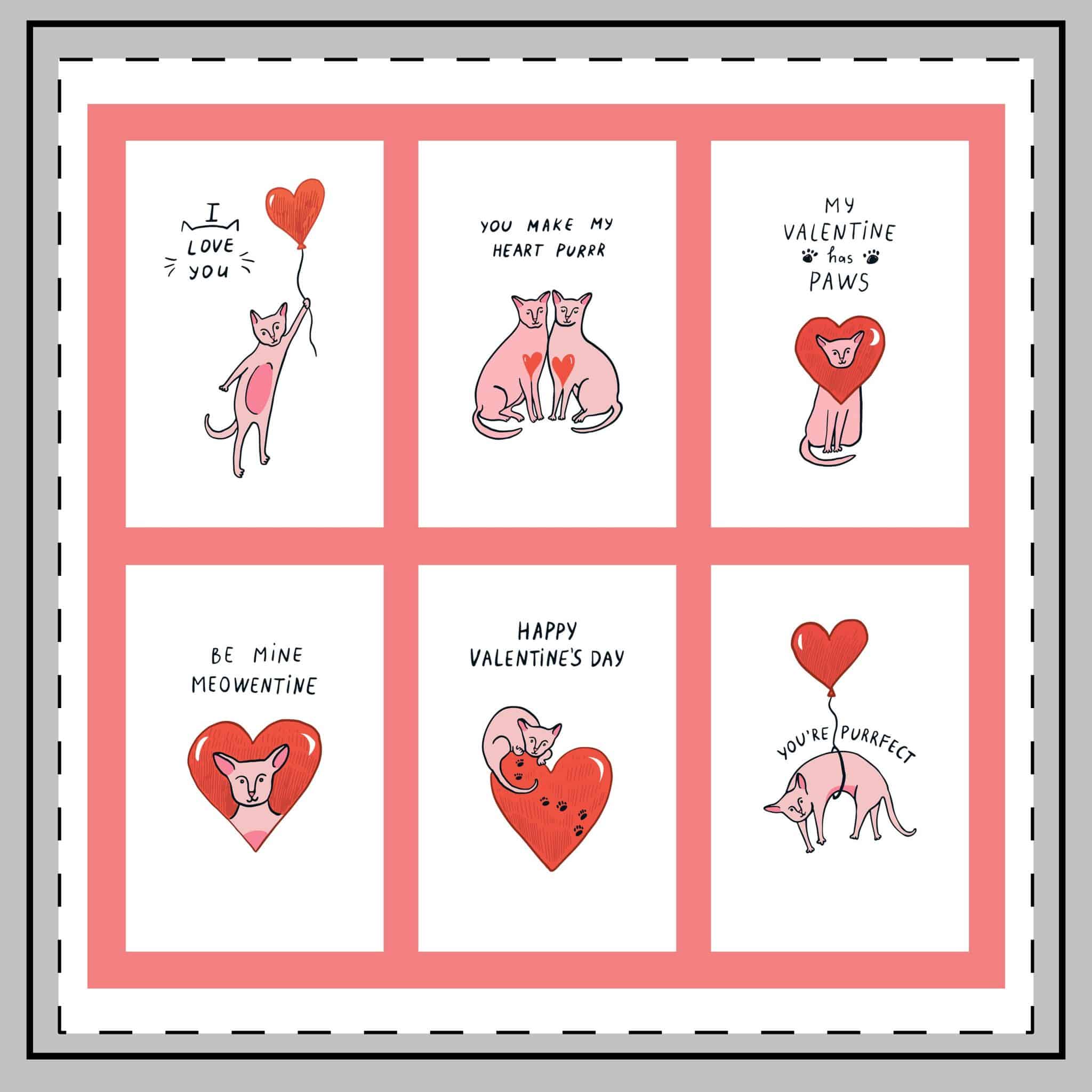 Valentines Day Sphinx Cats Hearts Line Illustrations Postcards Set Throw Pillow - Image 2