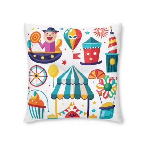 Colorful Cartoon Illustration Various Carnival Circus Elements Including Clown Ferris Wheel Tent Bal Tufted Floor Pillow Square