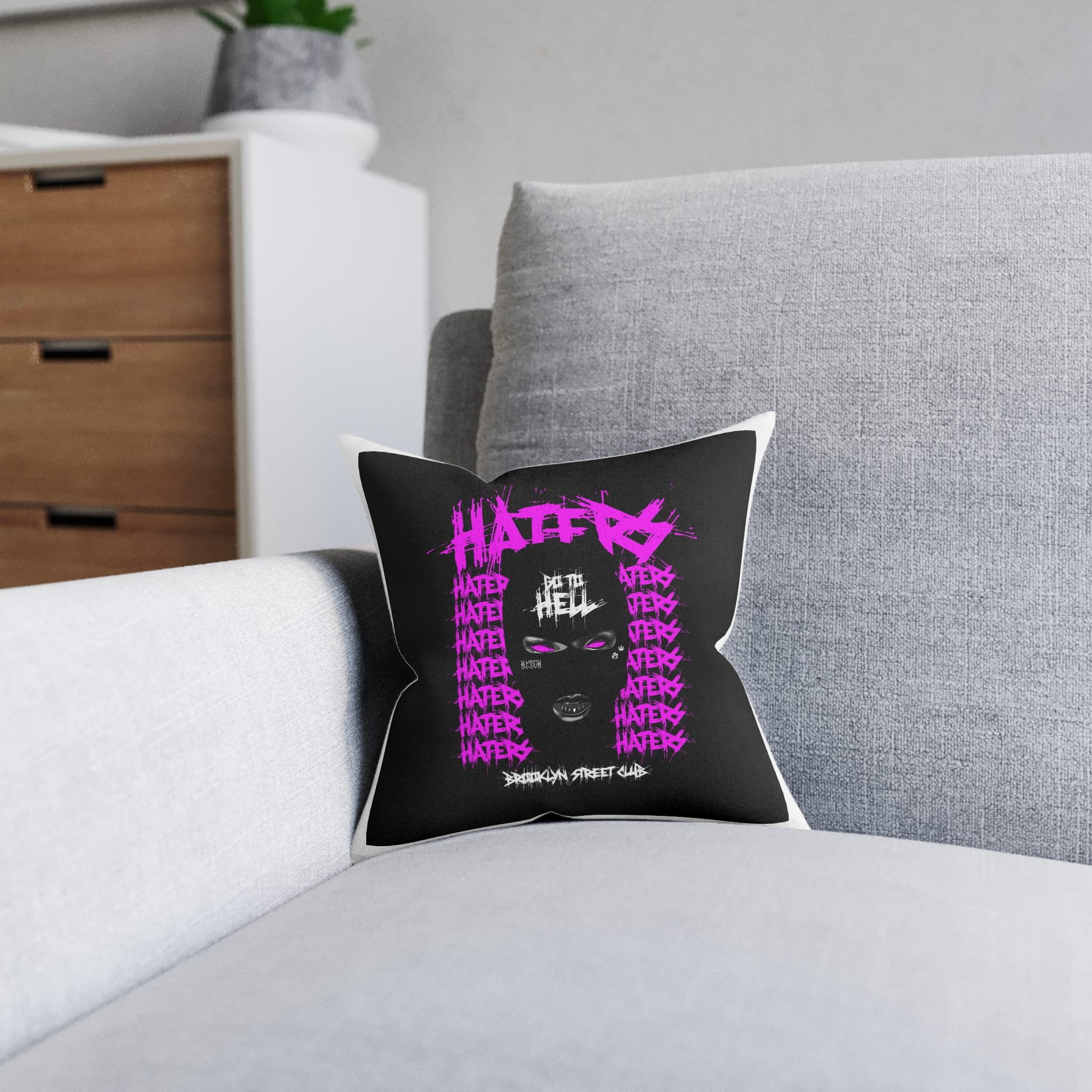 Haters Brooklyn Abstract Street Vintage Fashion Square Pillow Pink Back - Image 4