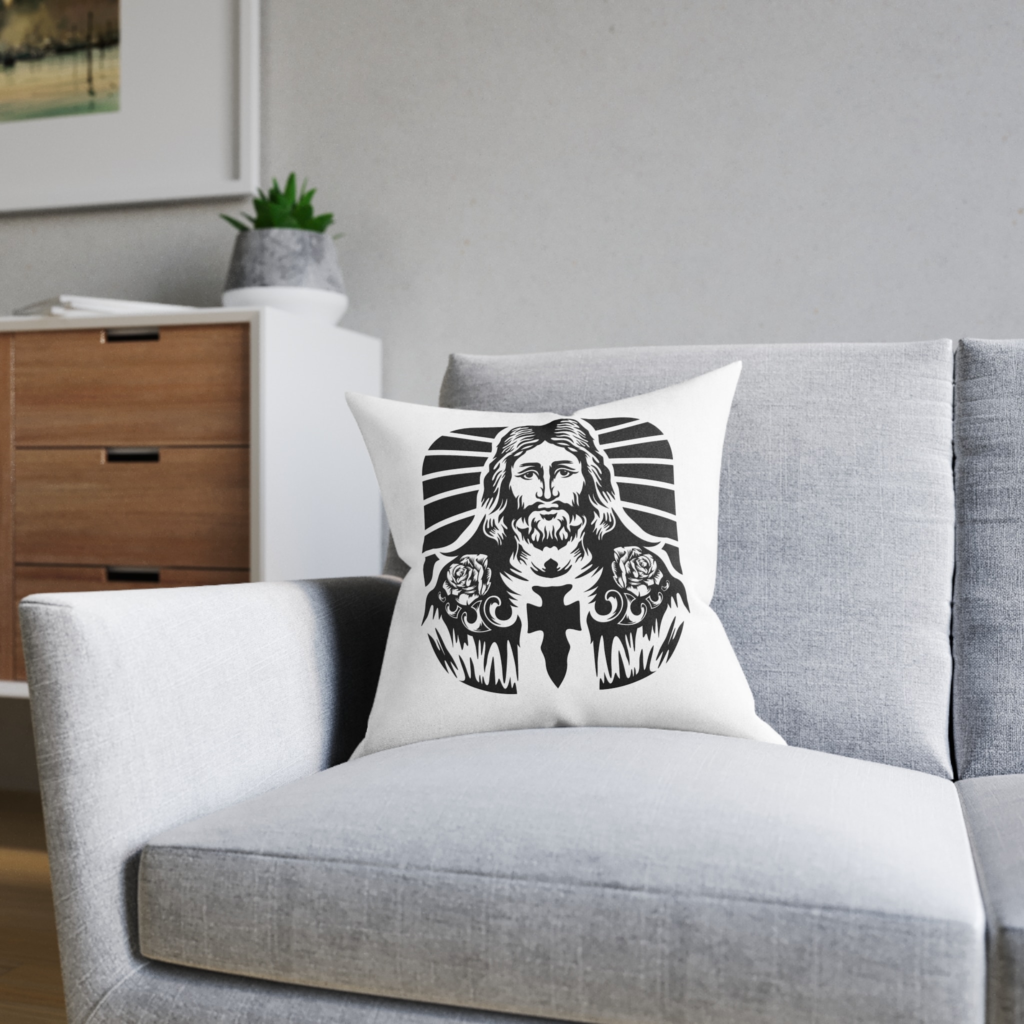 Hand Drwan Jesus Design Vector Square Pillow Pink Back - Image 8