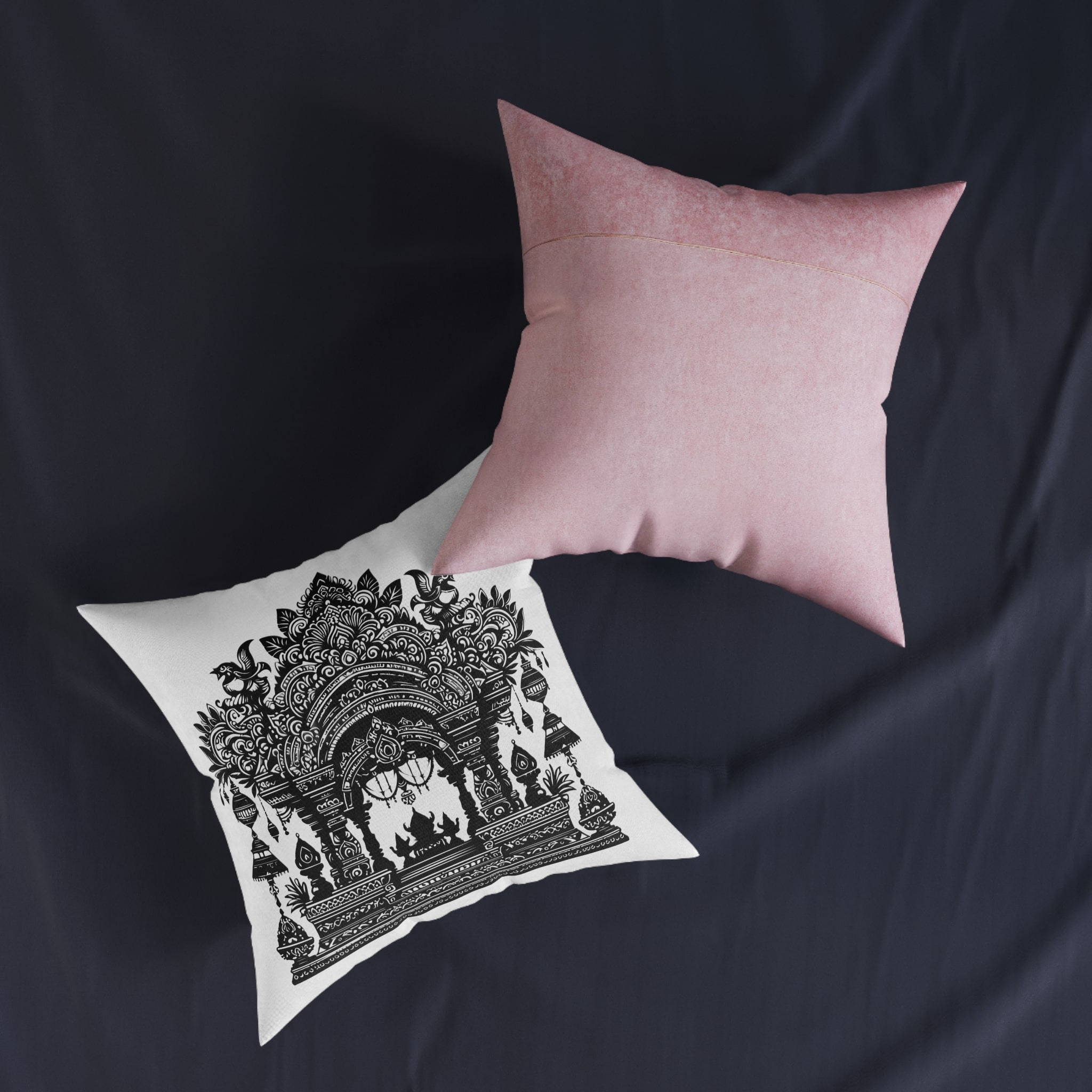 Intricate Puja Mandap Silhouettes Capturing Essence Festive Decor Black Colour Vactor (1) Square Pillow Pink Back - Image 11